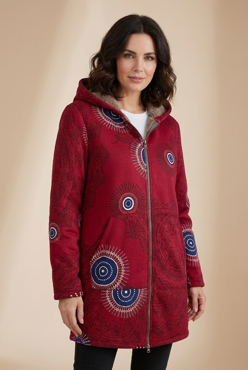 Sorina | Boho-Winterjacke – Damenjacke auf warmem beigem Hintergrund, Oberkörperaufnahme