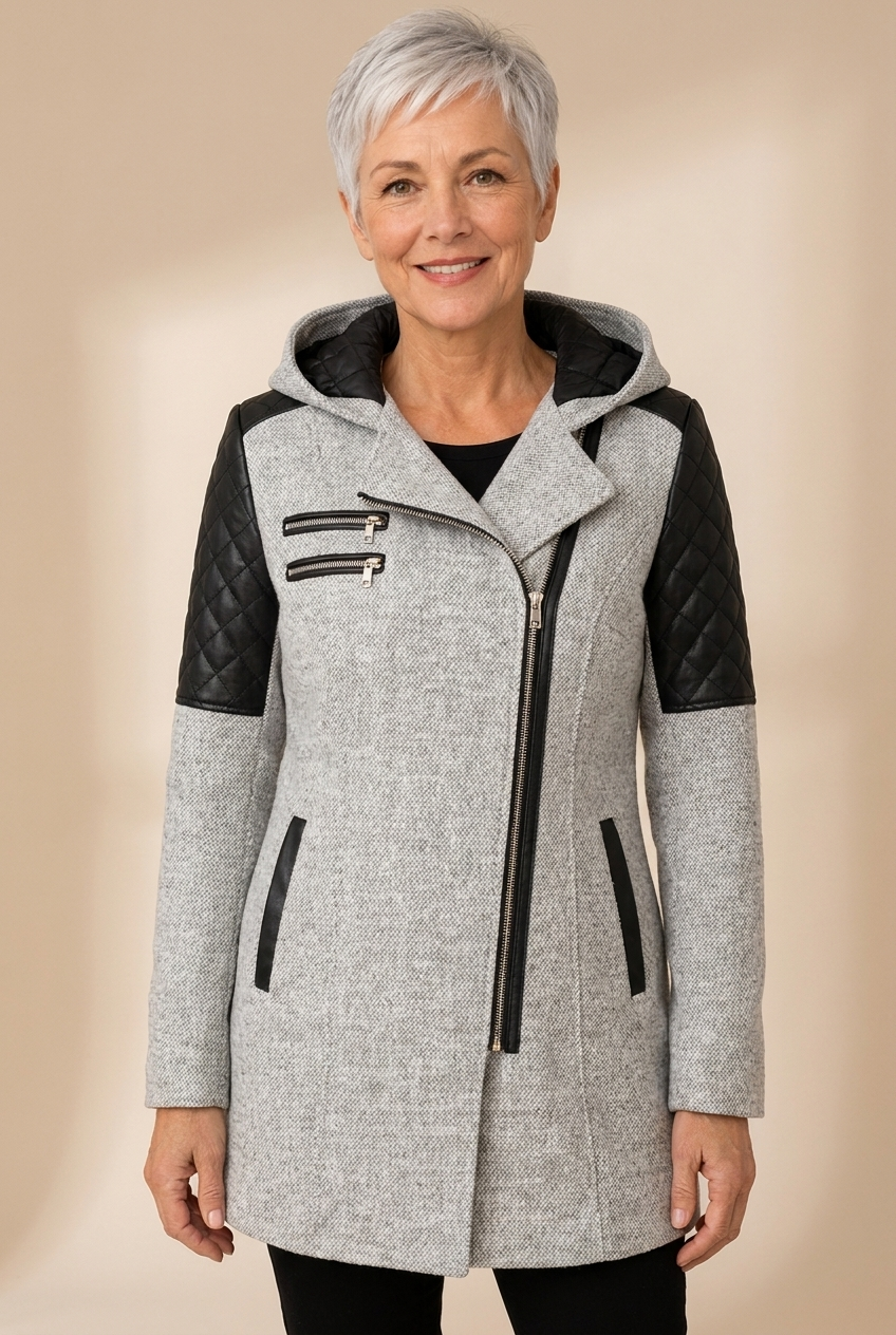 Ilinca | Warme elegante Winterjacke – Damenjacke auf warmem beigem Hintergrund, Oberkörperaufnahme