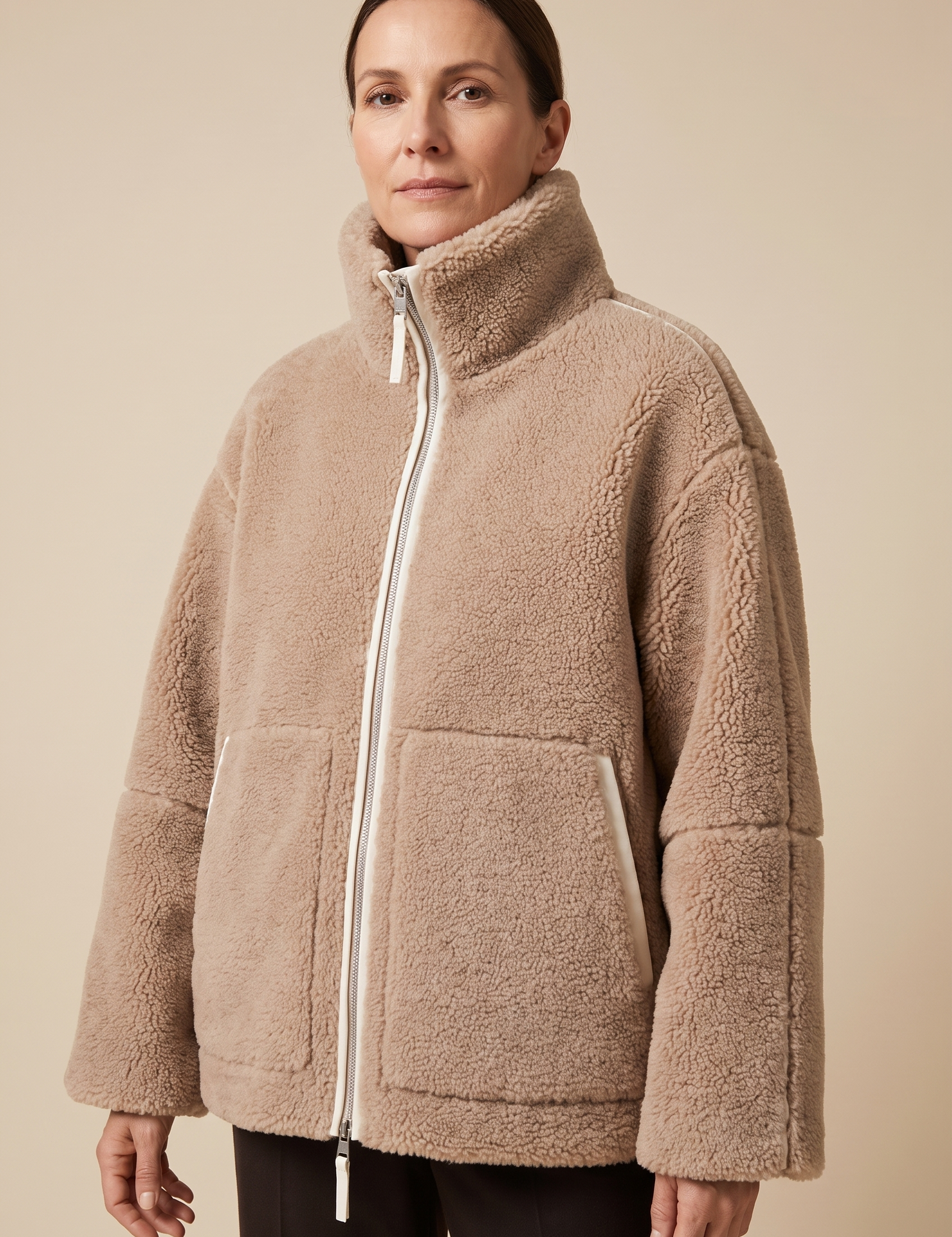 Carmen | Weiche Winterjacke – Damenjacke auf warmem beigem Hintergrund, Oberkörperaufnahme