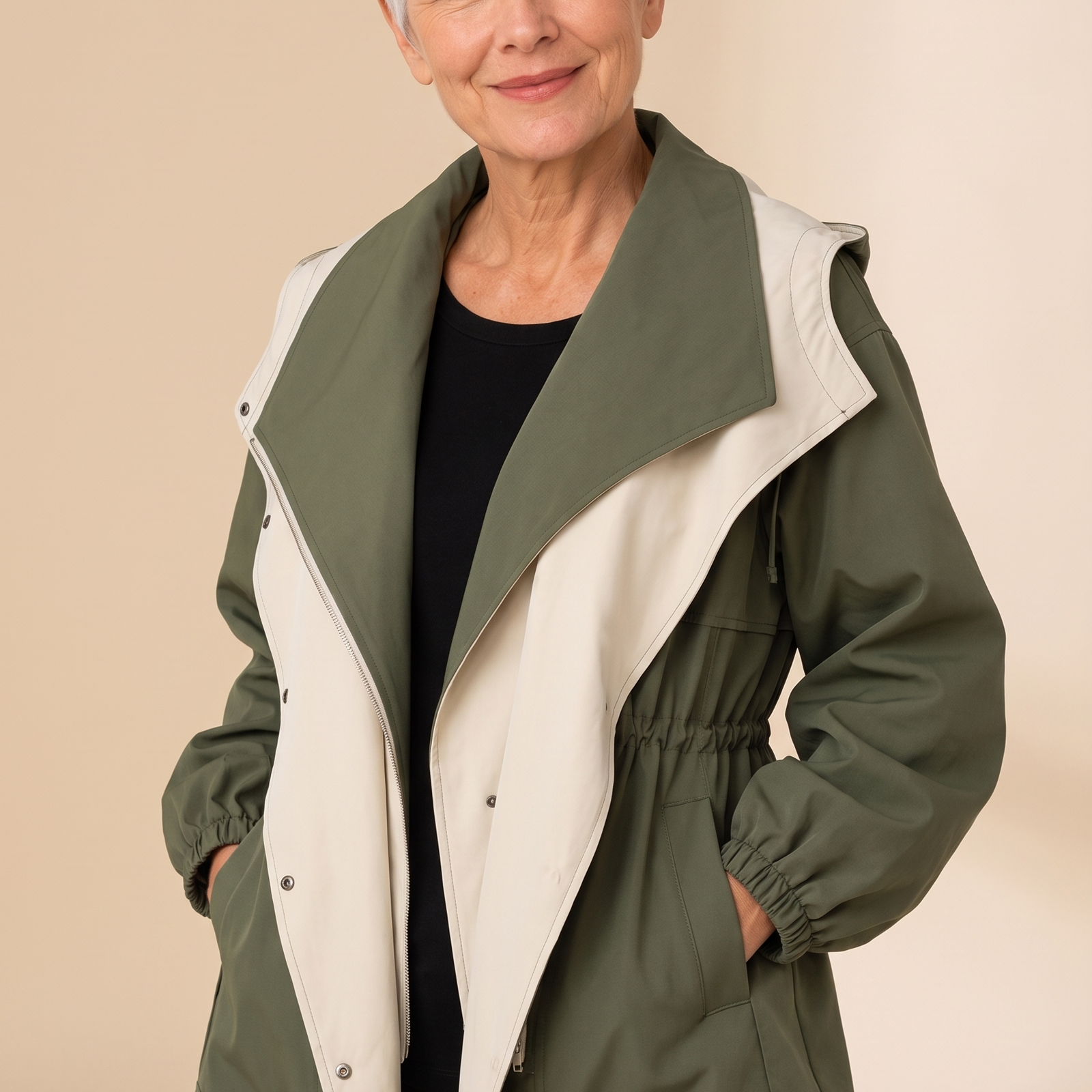 Miruna | Moderne Jacke mit elegantem Design – Damenjacke auf warmem beigem Hintergrund, Oberkörperaufnahme