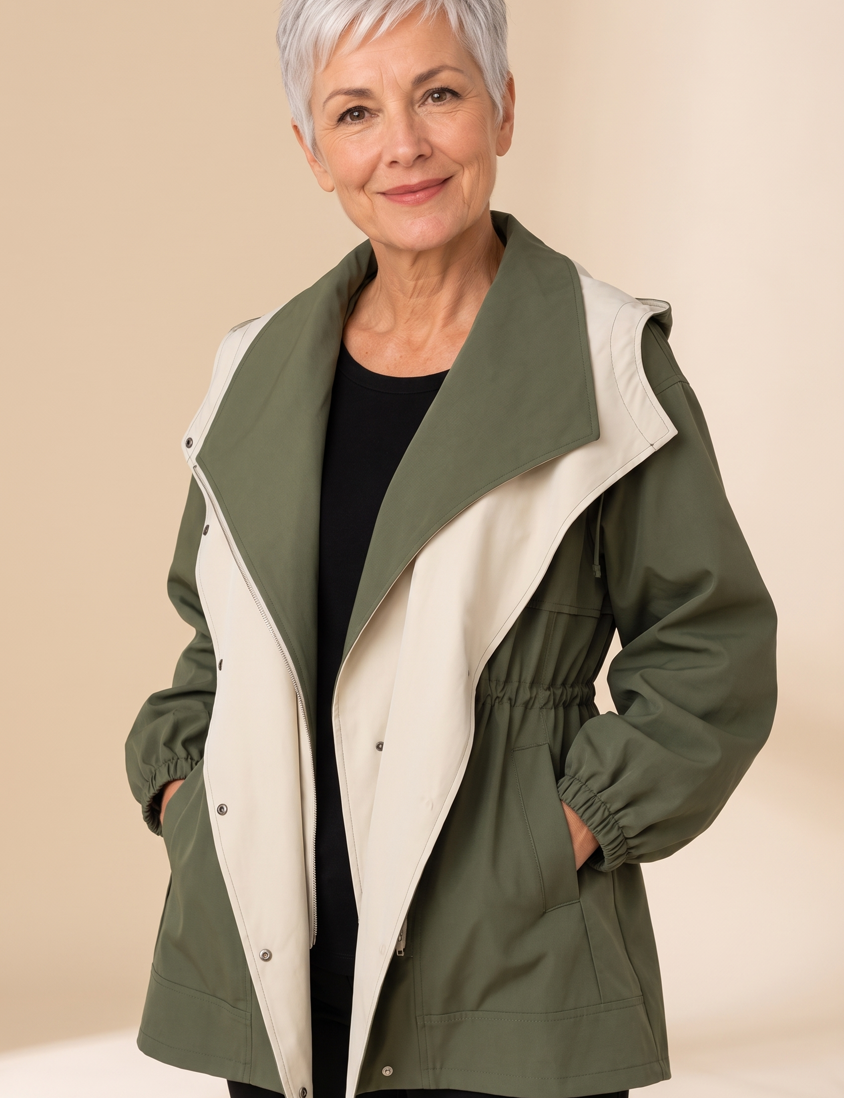 Miruna | Moderne Jacke mit elegantem Design – Damenjacke auf warmem beigem Hintergrund, Oberkörperaufnahme