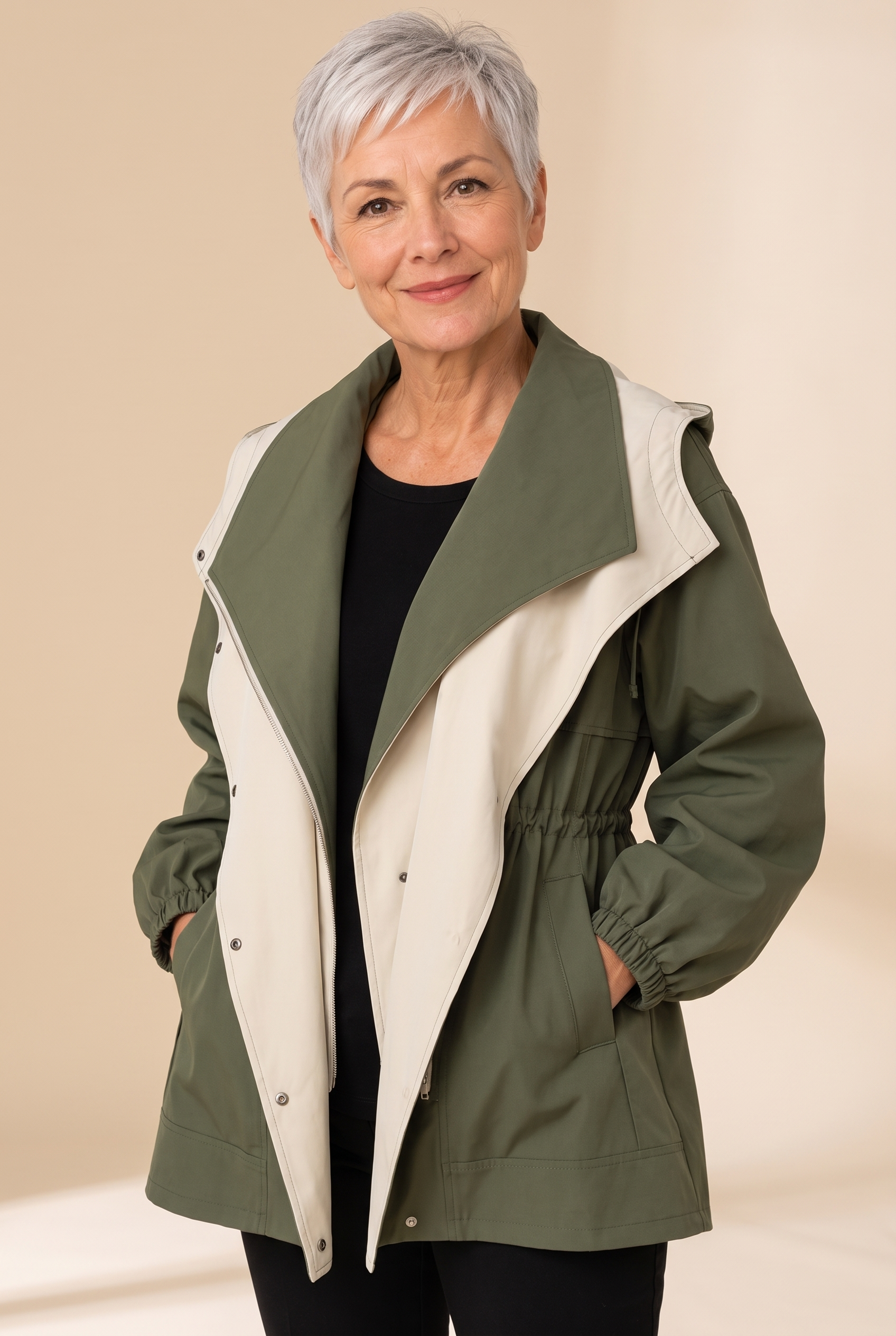 Miruna | Moderne Jacke mit elegantem Design – Damenjacke auf warmem beigem Hintergrund, Oberkörperaufnahme