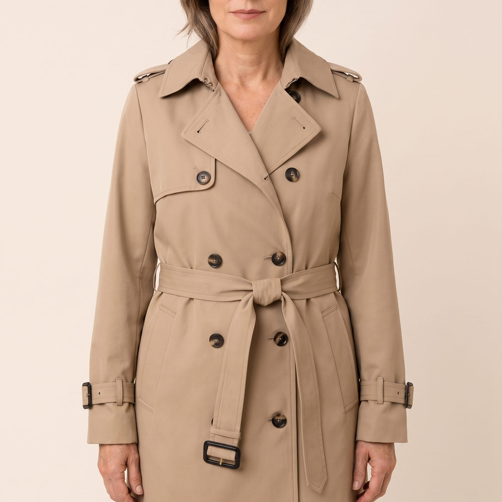 Gabriela-Maria | Klassischer Trenchcoat mit Design – Damenmantel auf warmem beigem Hintergrund, Oberkörperaufnahme