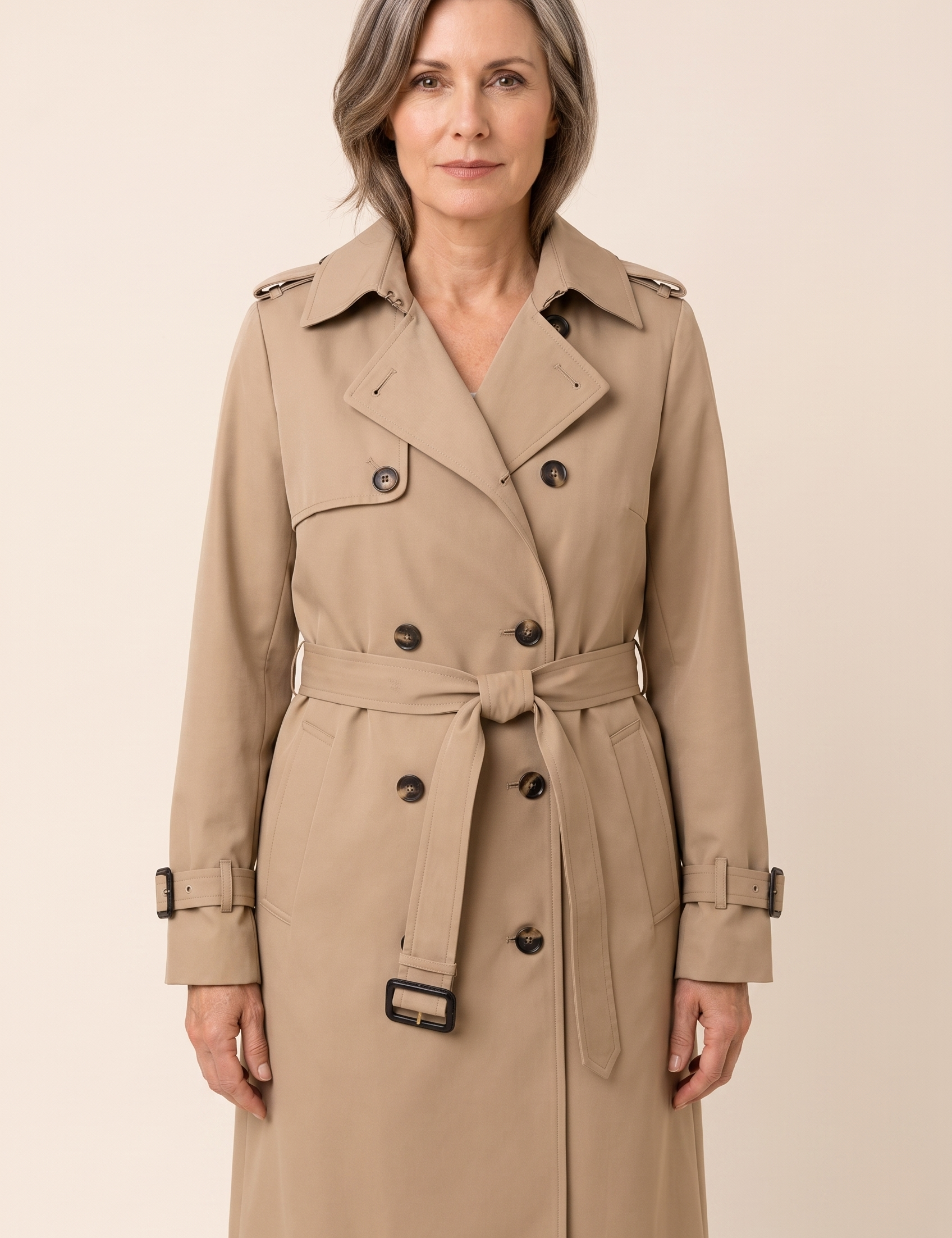 Gabriela-Maria | Klassischer Trenchcoat mit Design – Damenmantel auf warmem beigem Hintergrund, Oberkörperaufnahme