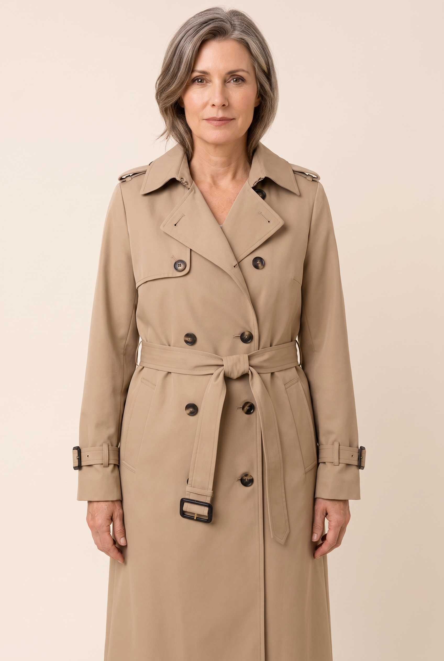 Gabriela-Maria | Klassischer Trenchcoat mit Design – Damenmantel auf warmem beigem Hintergrund, Oberkörperaufnahme