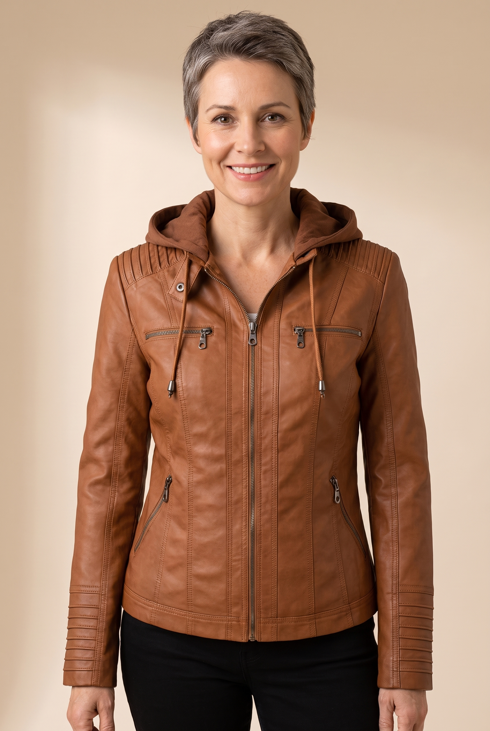 Georgiana | Bikerjacke aus Kunstleder – Damenjacke auf warmem beigem Hintergrund, Oberkörperaufnahme