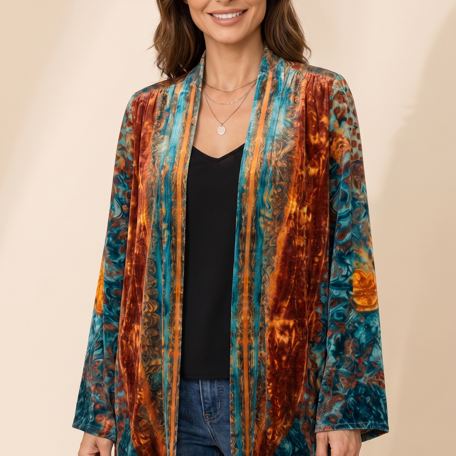 Victoria | Boho Jacke mit künstlerischem Design – Damenjacke auf warmem beigem Hintergrund, Oberkörperaufnahme
