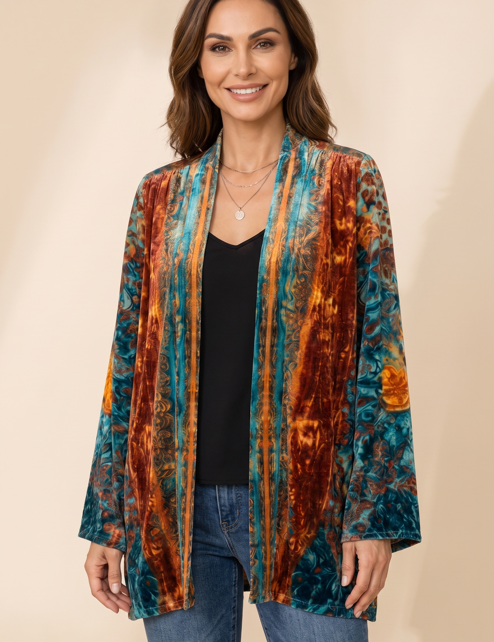 Victoria | Boho Jacke mit künstlerischem Design – Damenjacke auf warmem beigem Hintergrund, Oberkörperaufnahme