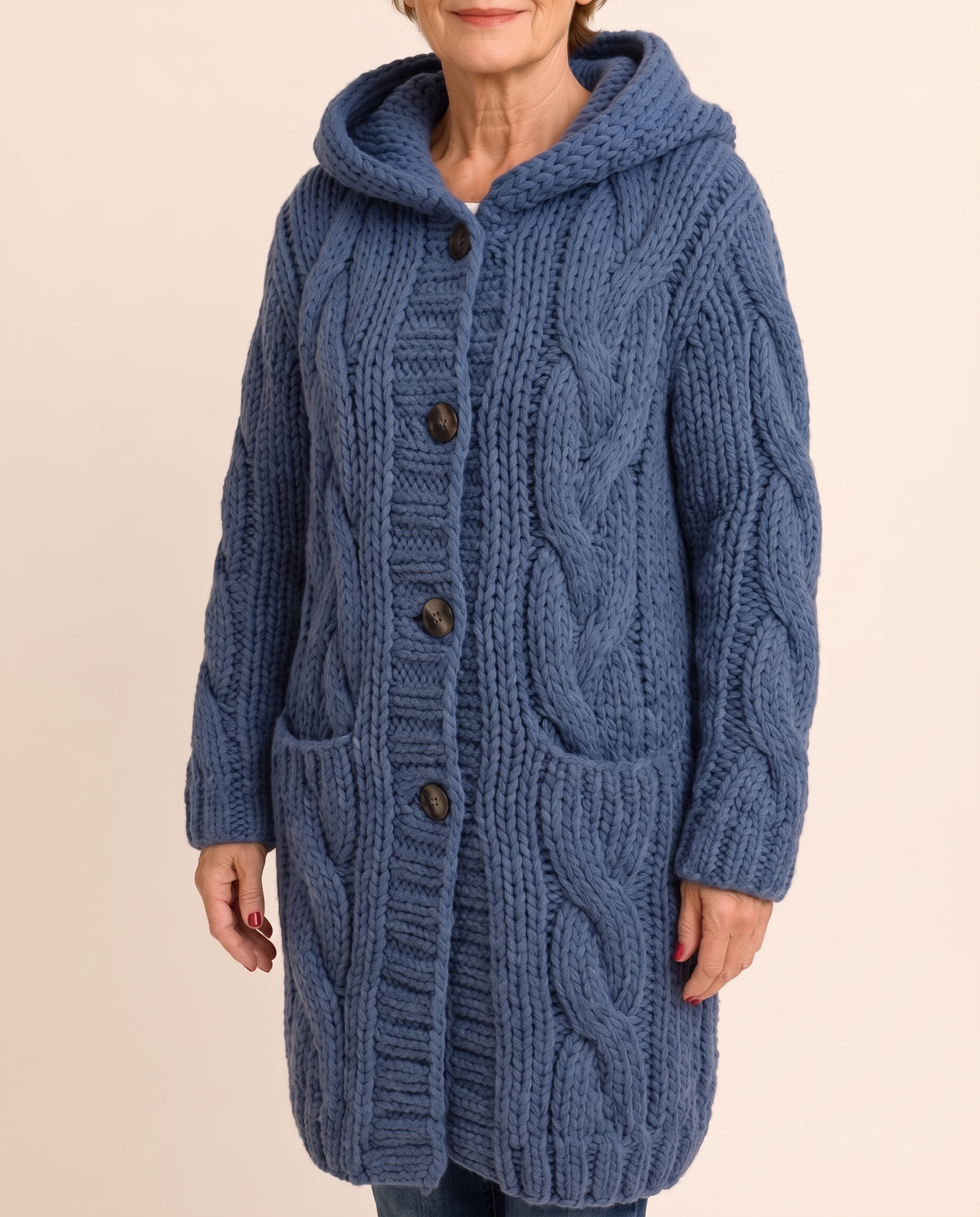 Ana-Teodora – Jacke an Model vor hellbeigem Hintergrund
