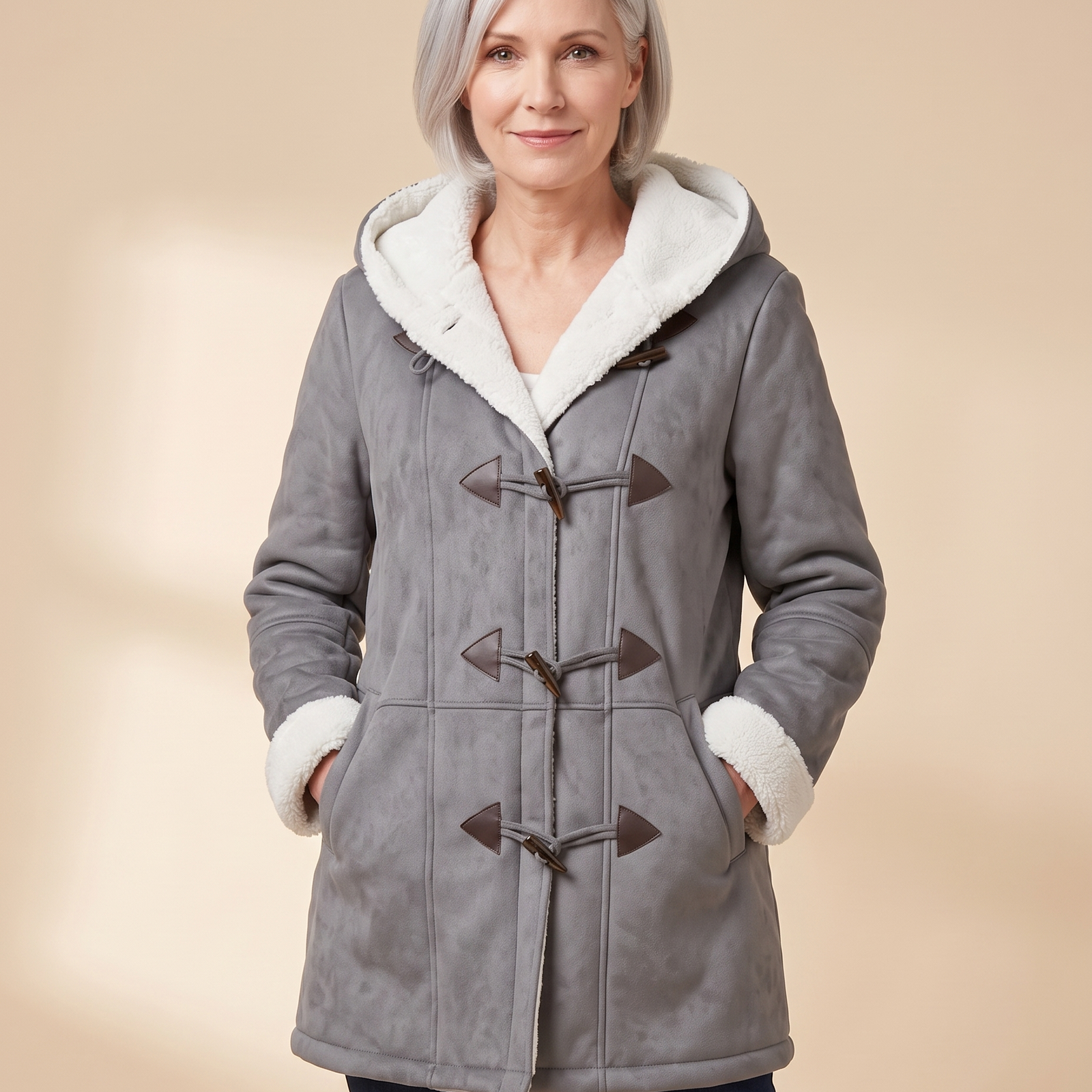 Olivia – Jacke an Model vor hellbeigem Hintergrund