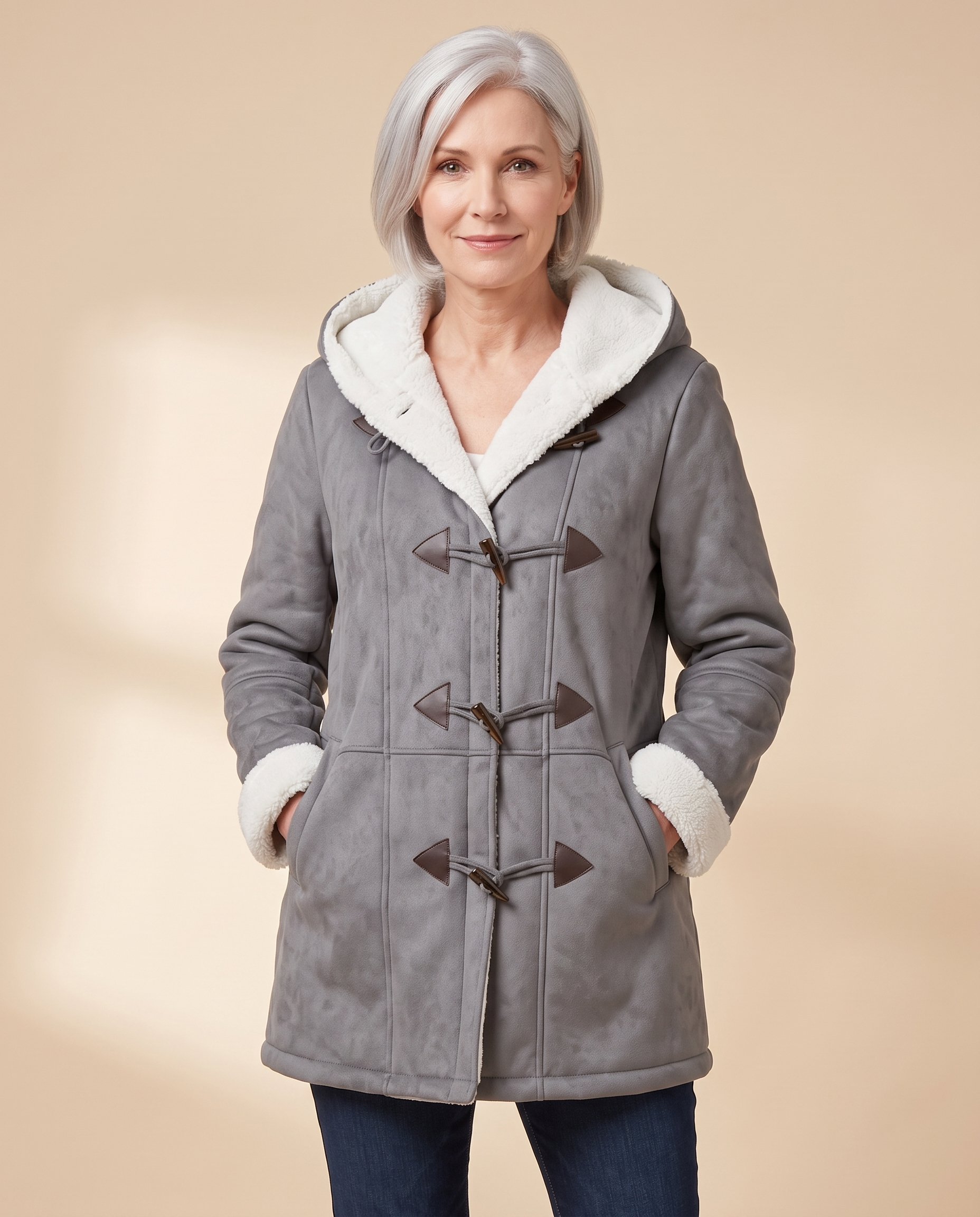 Olivia – Jacke an Model vor hellbeigem Hintergrund