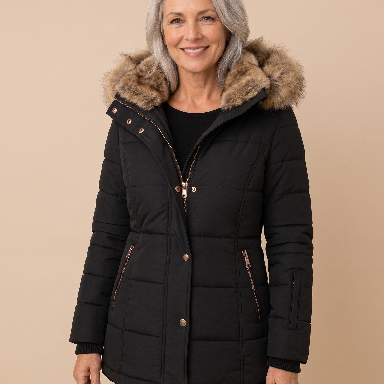 Narzisse – Jacke an Model vor hellbeigem Hintergrund