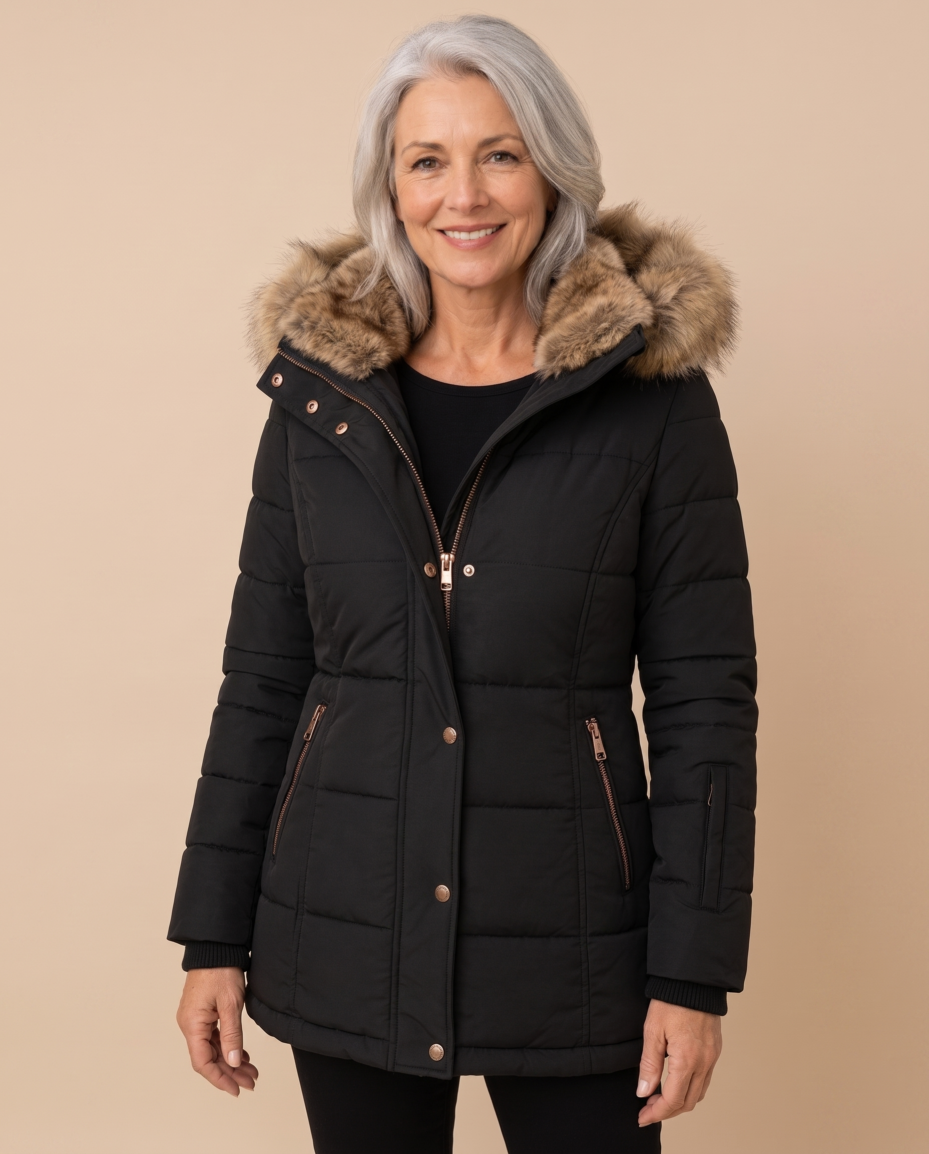 Narzisse – Jacke an Model vor hellbeigem Hintergrund