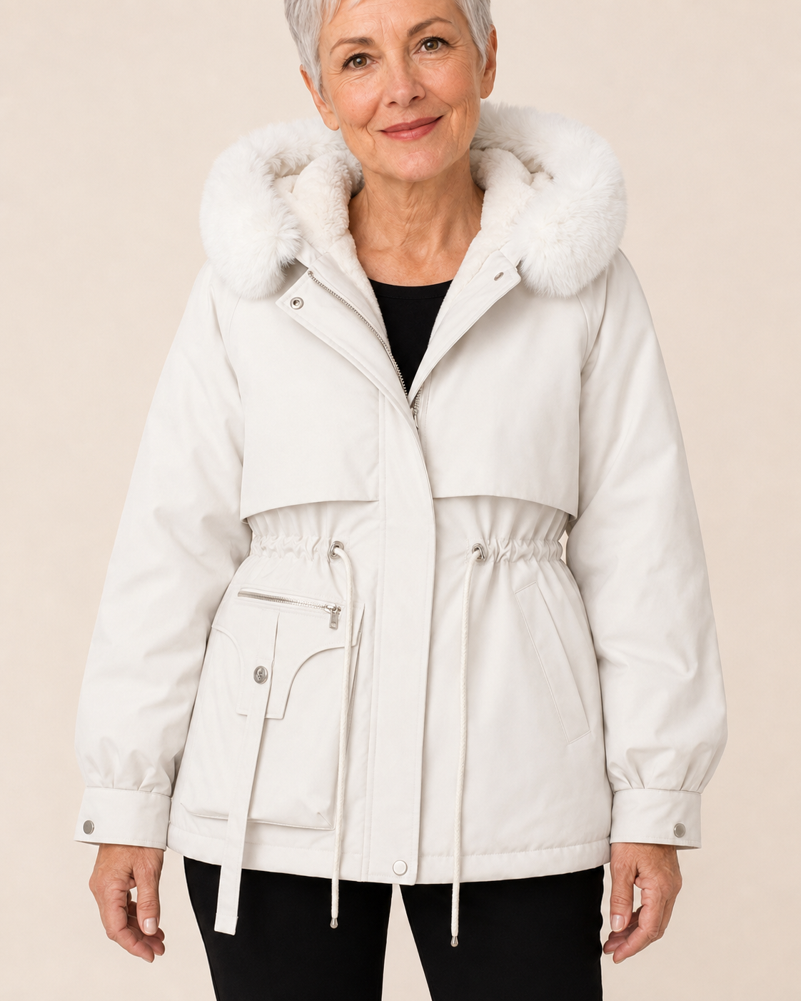 Victoria – Weiße Jacke, vollständig an einem Model vor hellbeigem Hintergrund