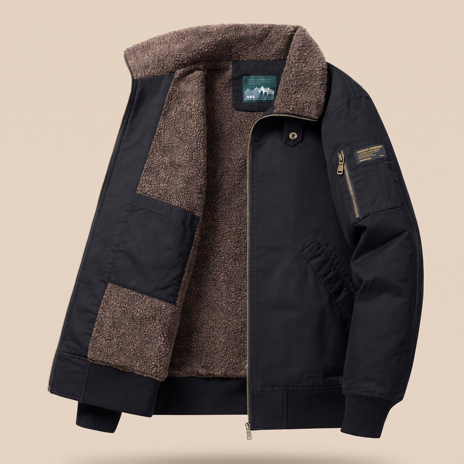 Herrenjacke – harmonisiertes Produktbild auf warmem beigem Hintergrund