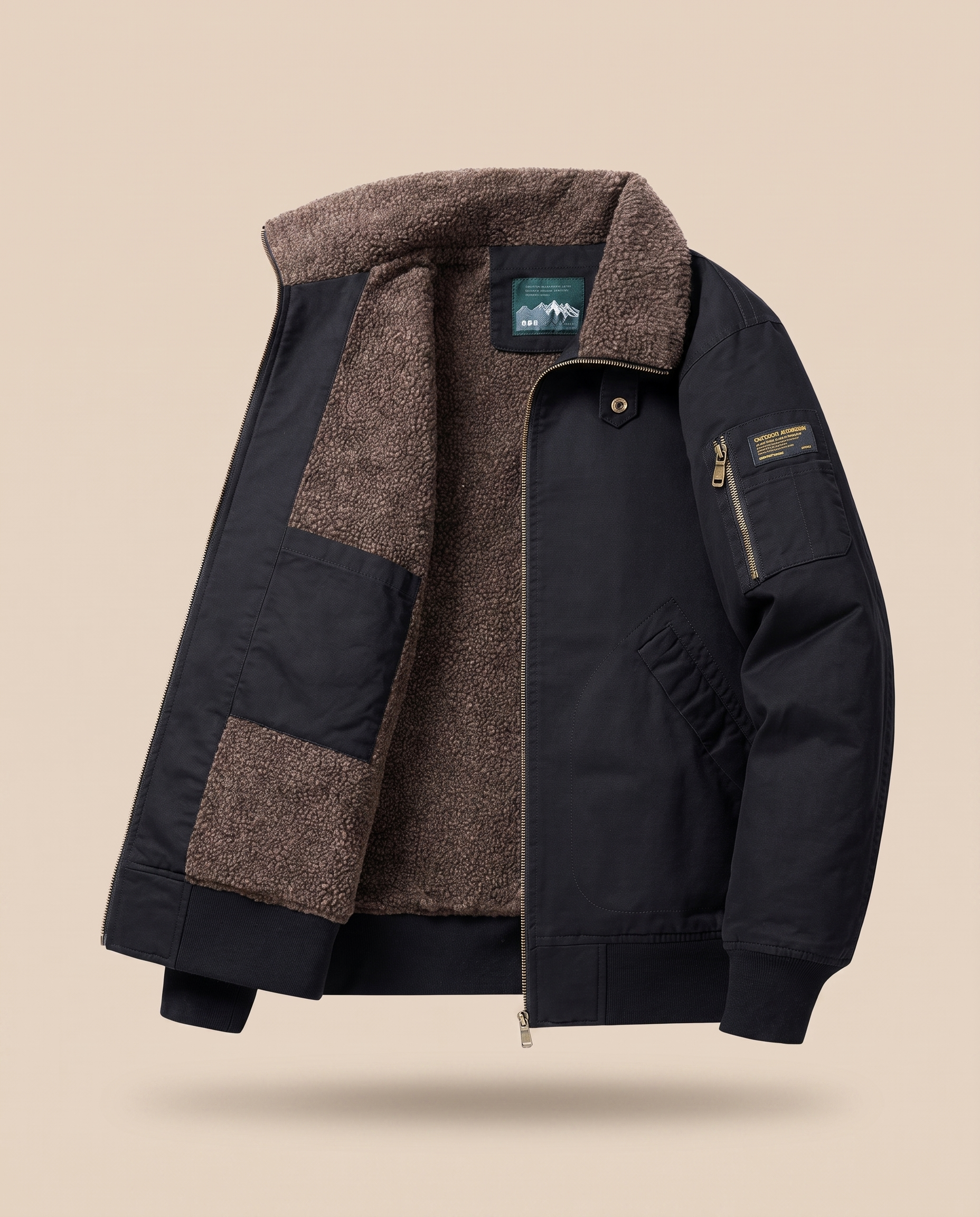 Herrenjacke – harmonisiertes Produktbild auf warmem beigem Hintergrund
