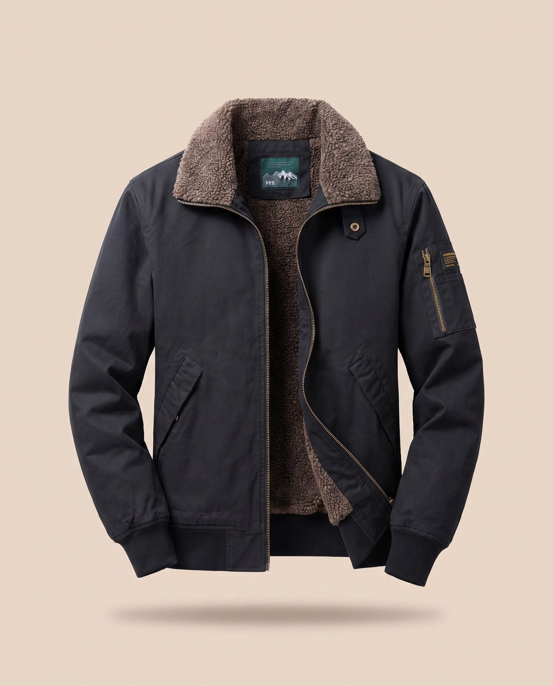 Herrenjacke – harmonisiertes Produktbild auf warmem beigem Hintergrund