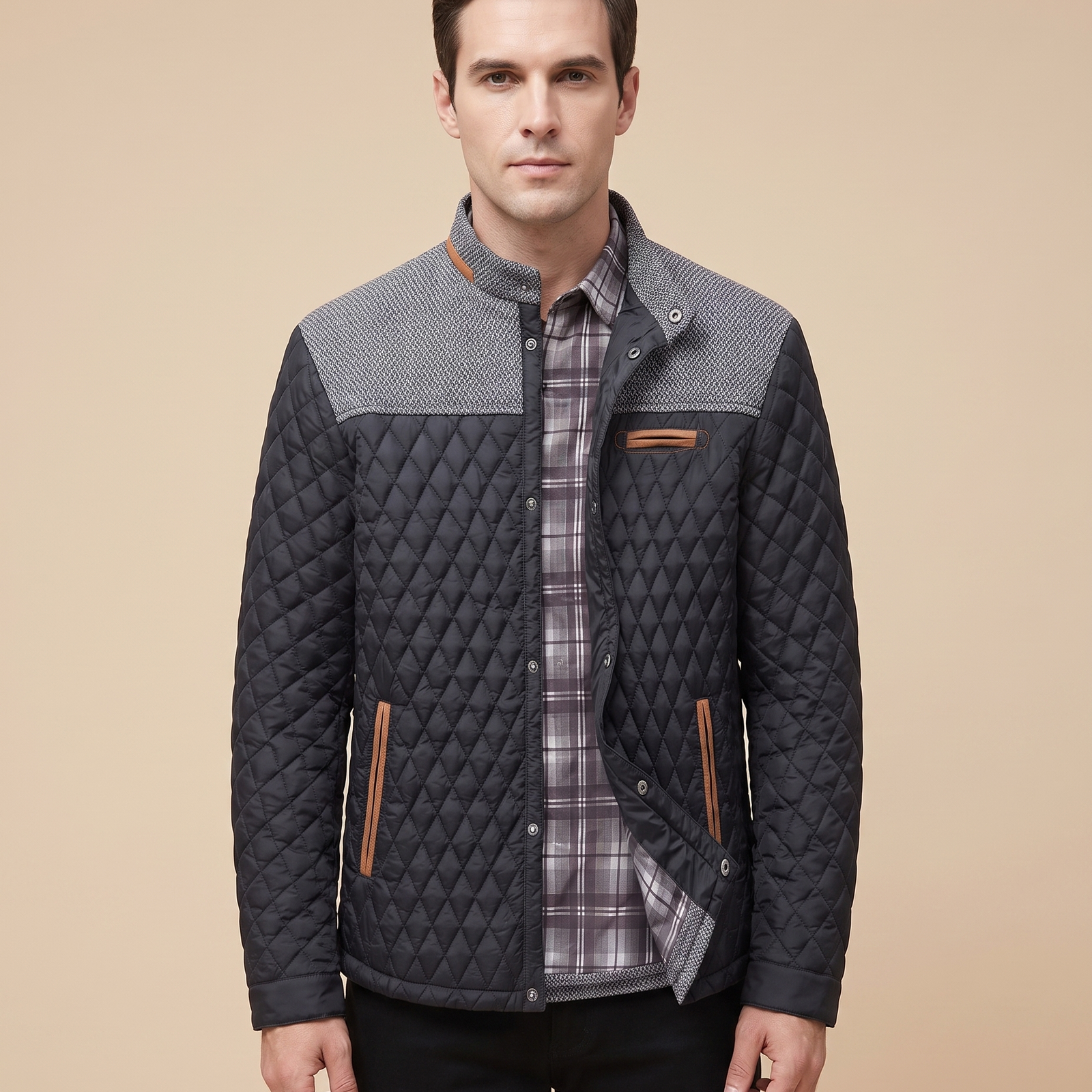 Dominic – Charter Jacke mit elegantem Design – modelo masculino em fundo bege
