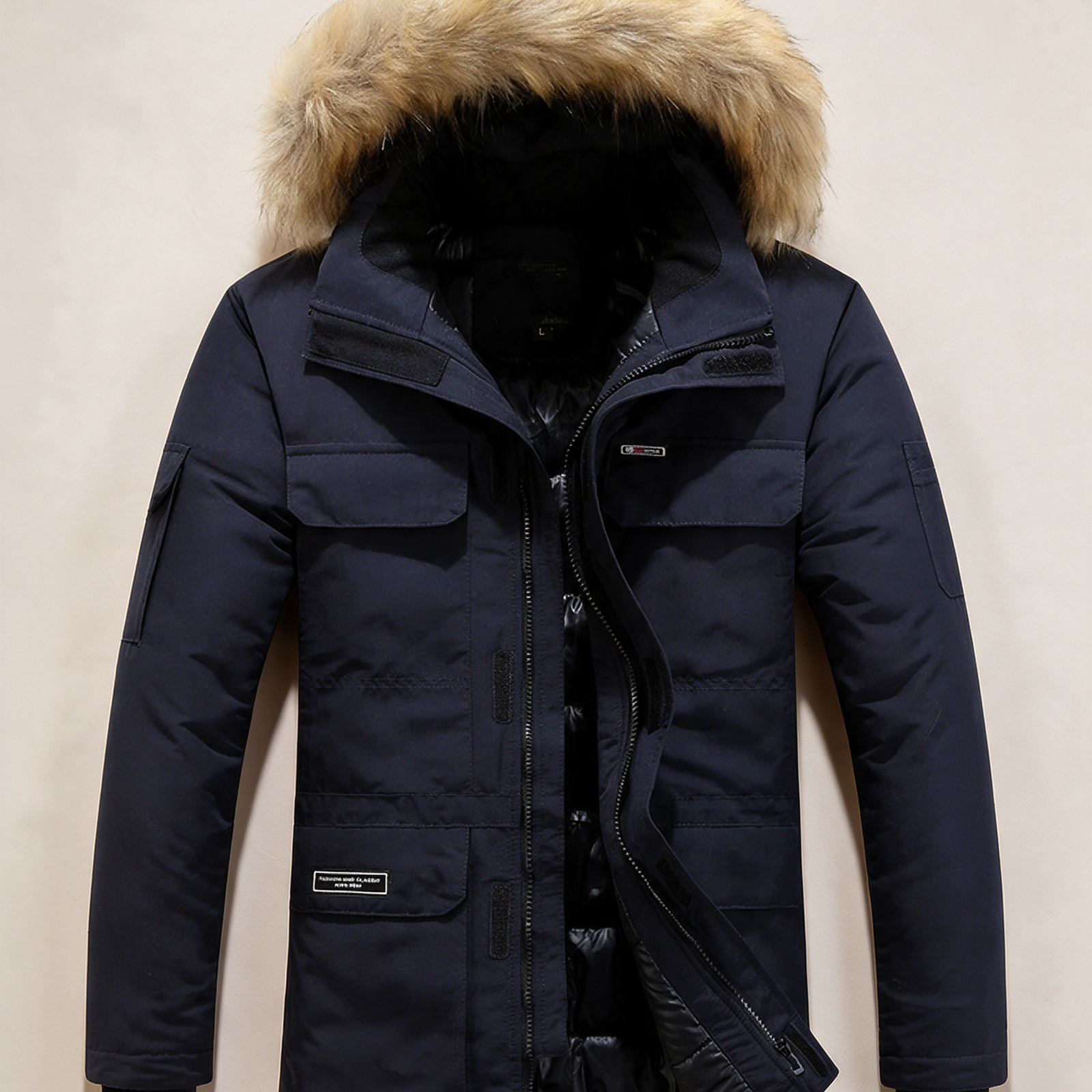 Elegante Herren-Winterjacke – Produktfoto auf warmem beigem Hintergrund