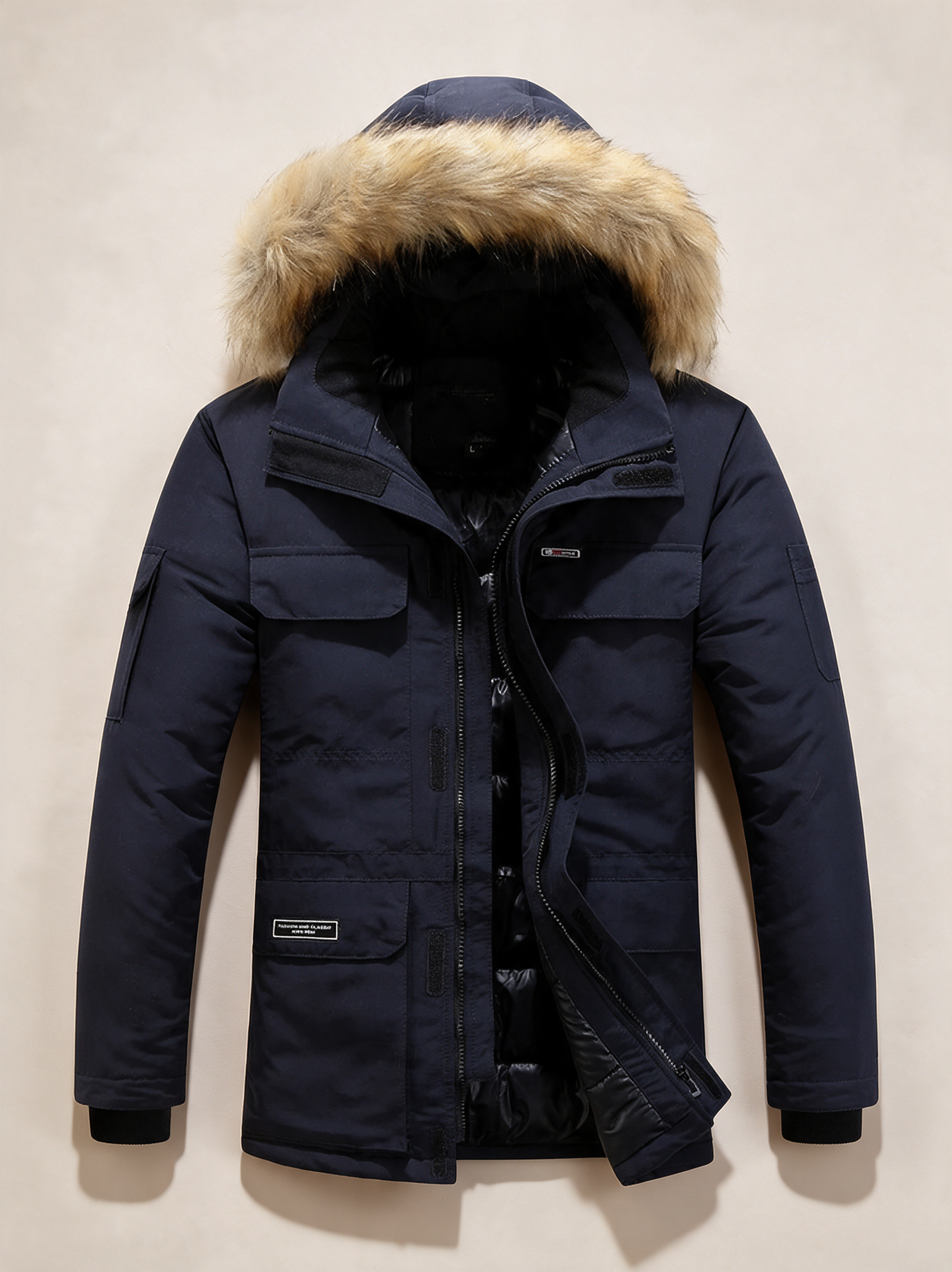 Elegante Herren-Winterjacke – Produktfoto auf warmem beigem Hintergrund
