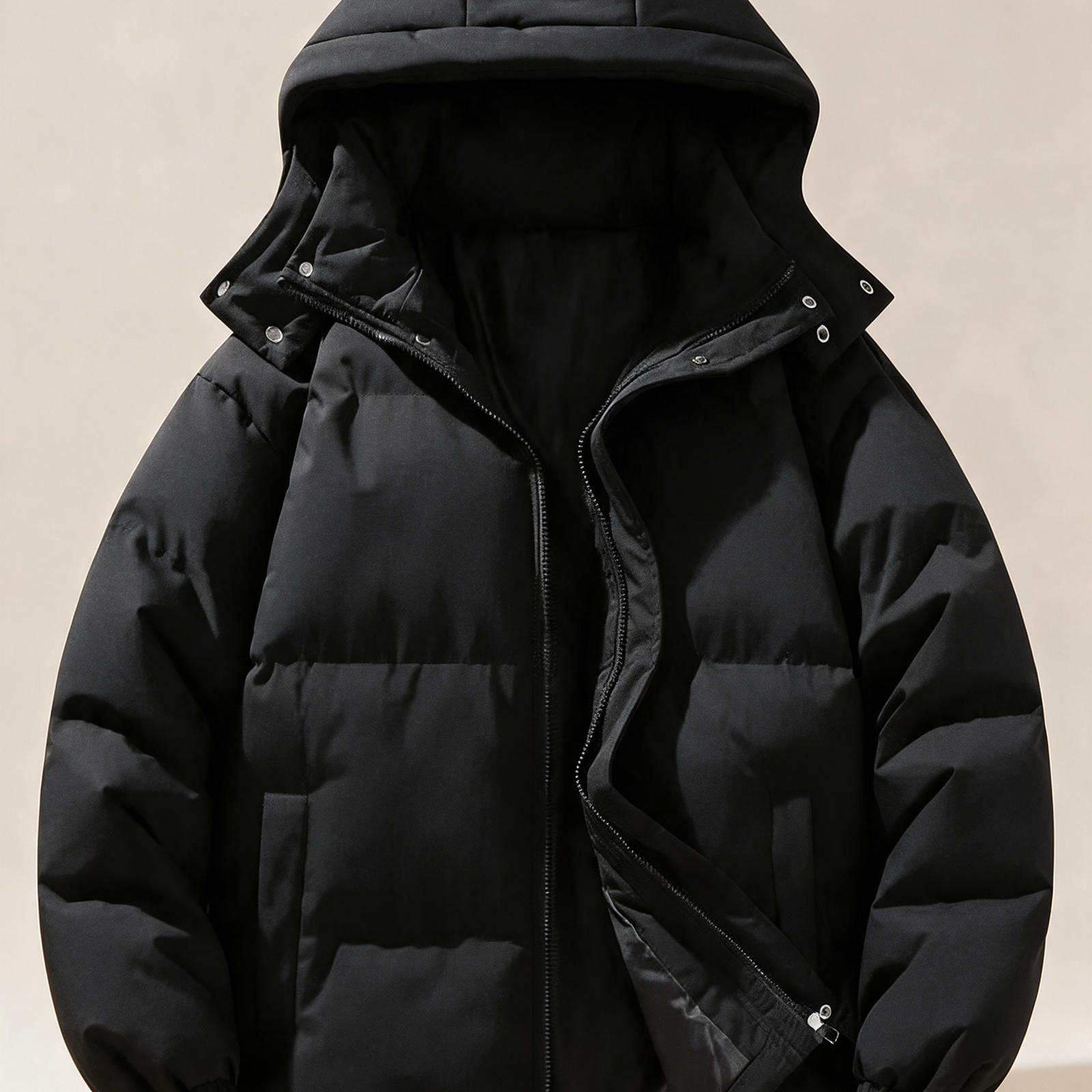 Elegante Kapuzenjacke für Herren – Produktfoto auf warmem beigem Hintergrund