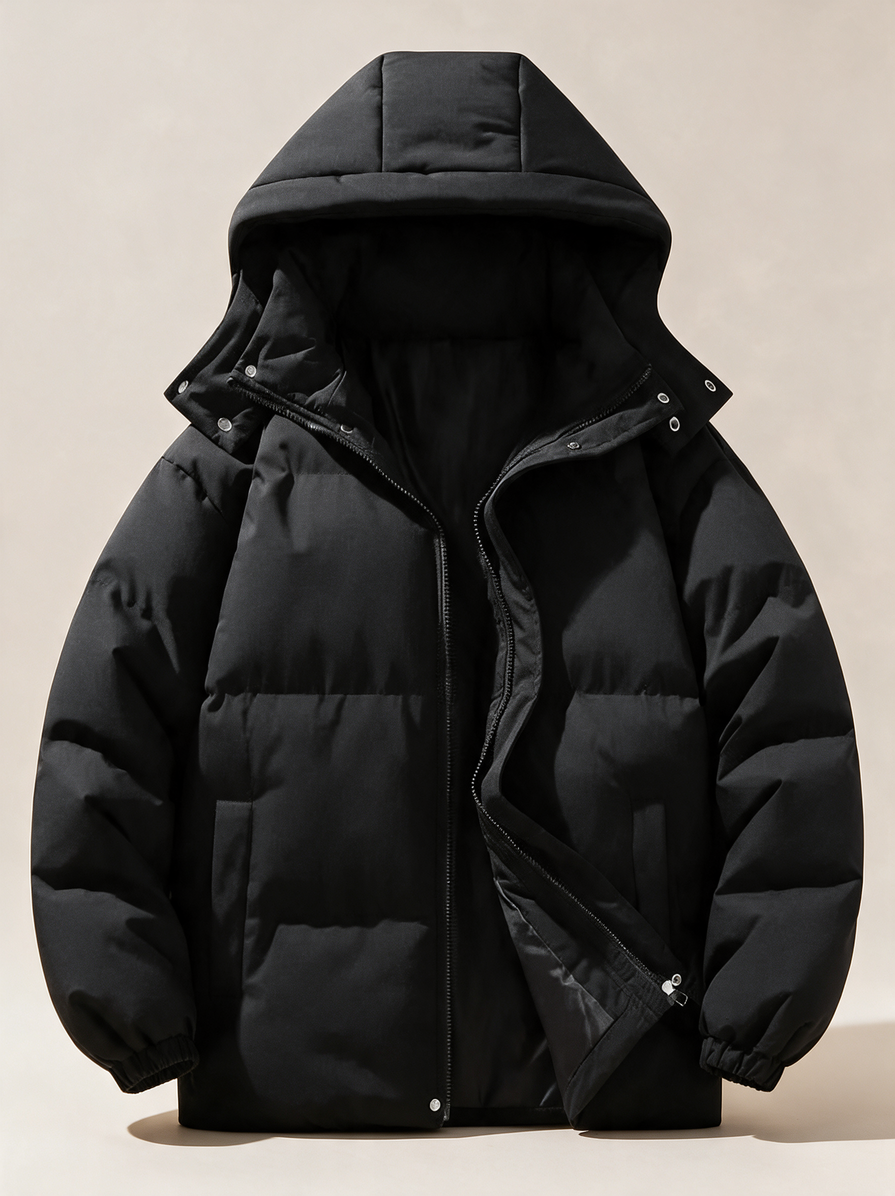Elegante Kapuzenjacke für Herren – Produktfoto auf warmem beigem Hintergrund
