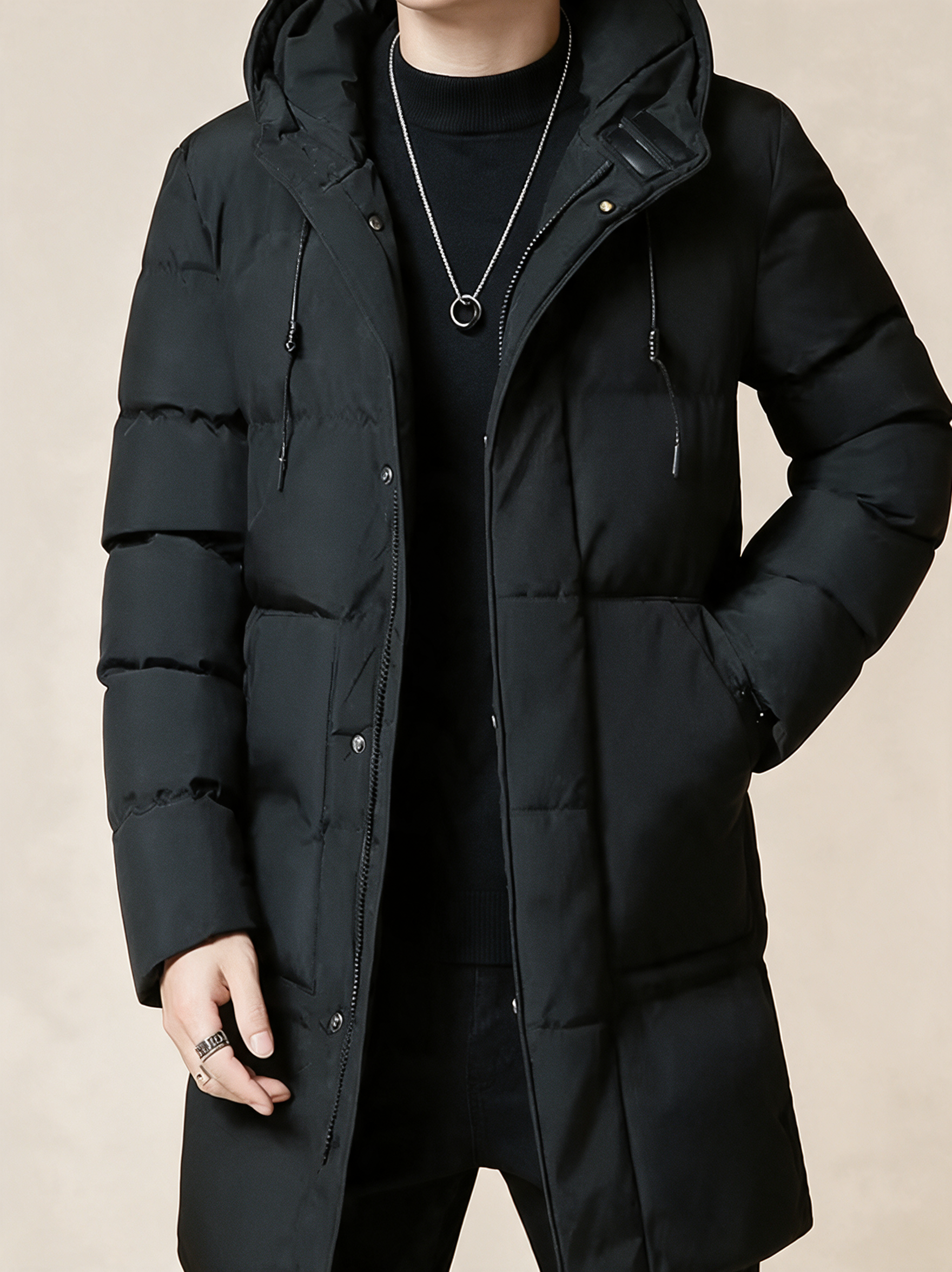 Elegante lange Winterjacke – Produktfoto auf warmem beigem Hintergrund