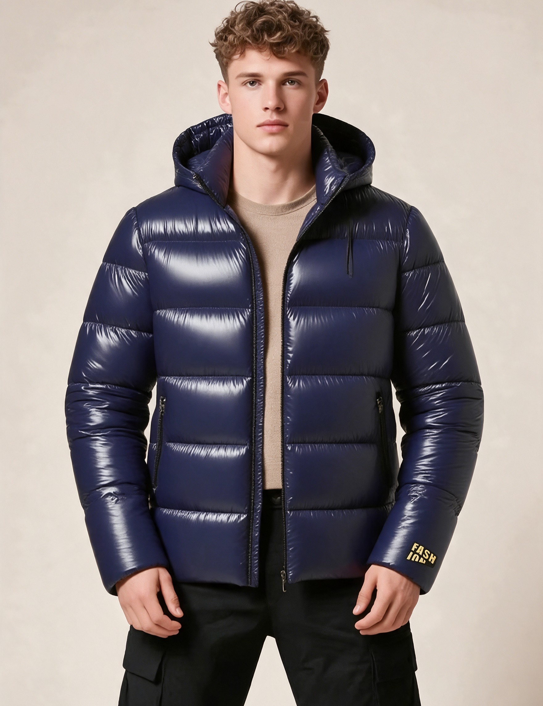 Elegante Pufferjacke – Produktfoto auf warmem beigem Hintergrund