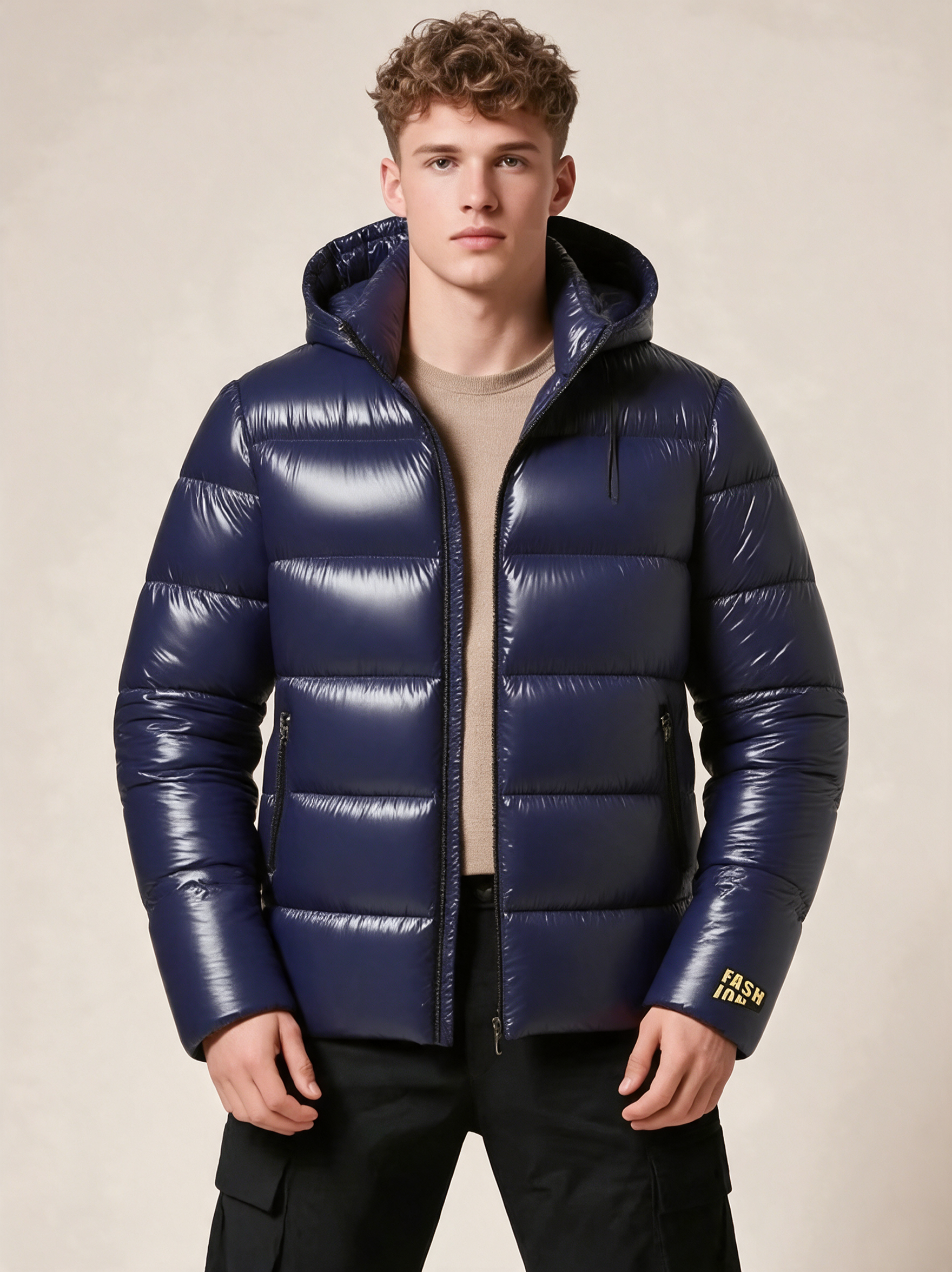 Elegante Pufferjacke – Produktfoto auf warmem beigem Hintergrund