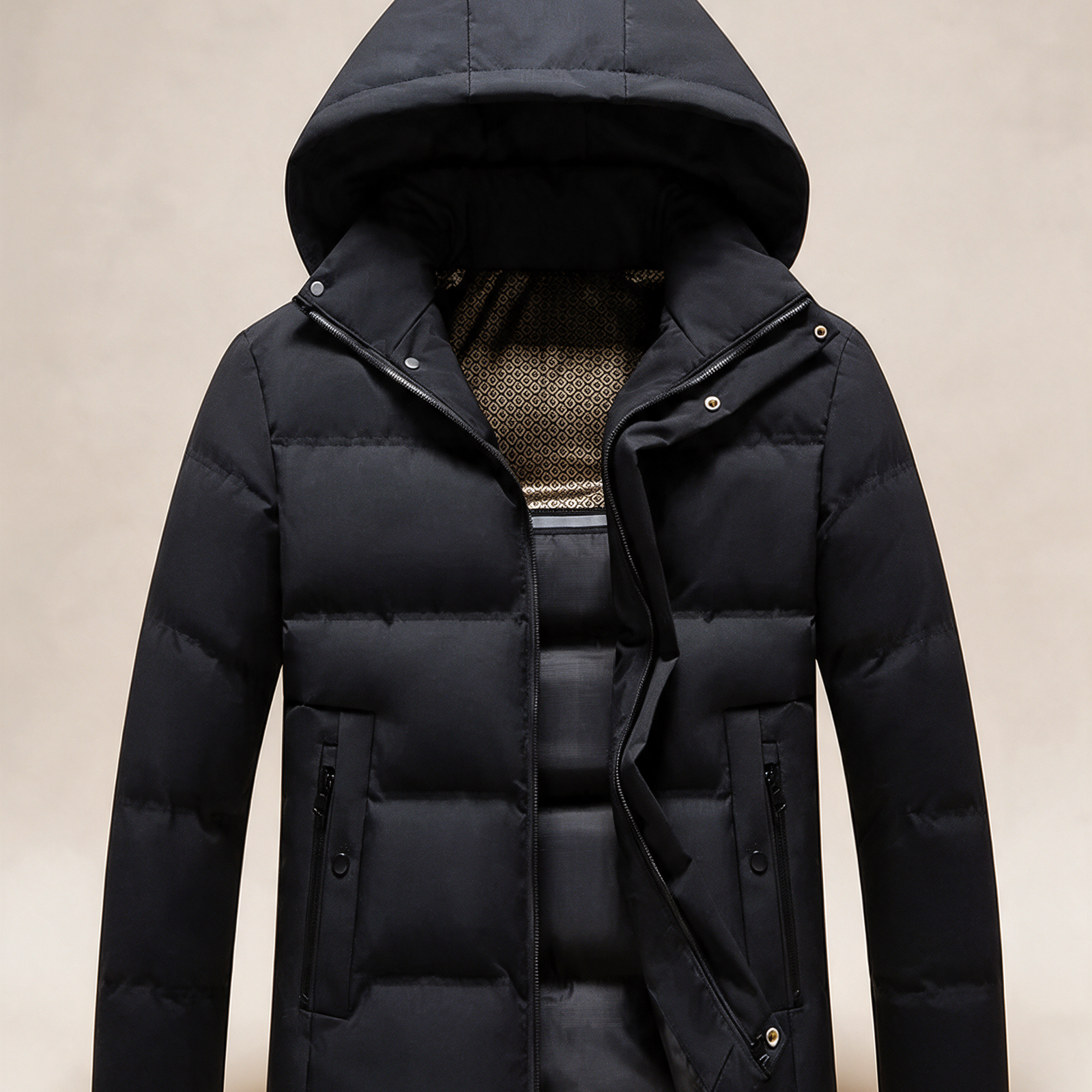 Elegante wasserfeste Winterjacke – Produktfoto auf warmem beigem Hintergrund