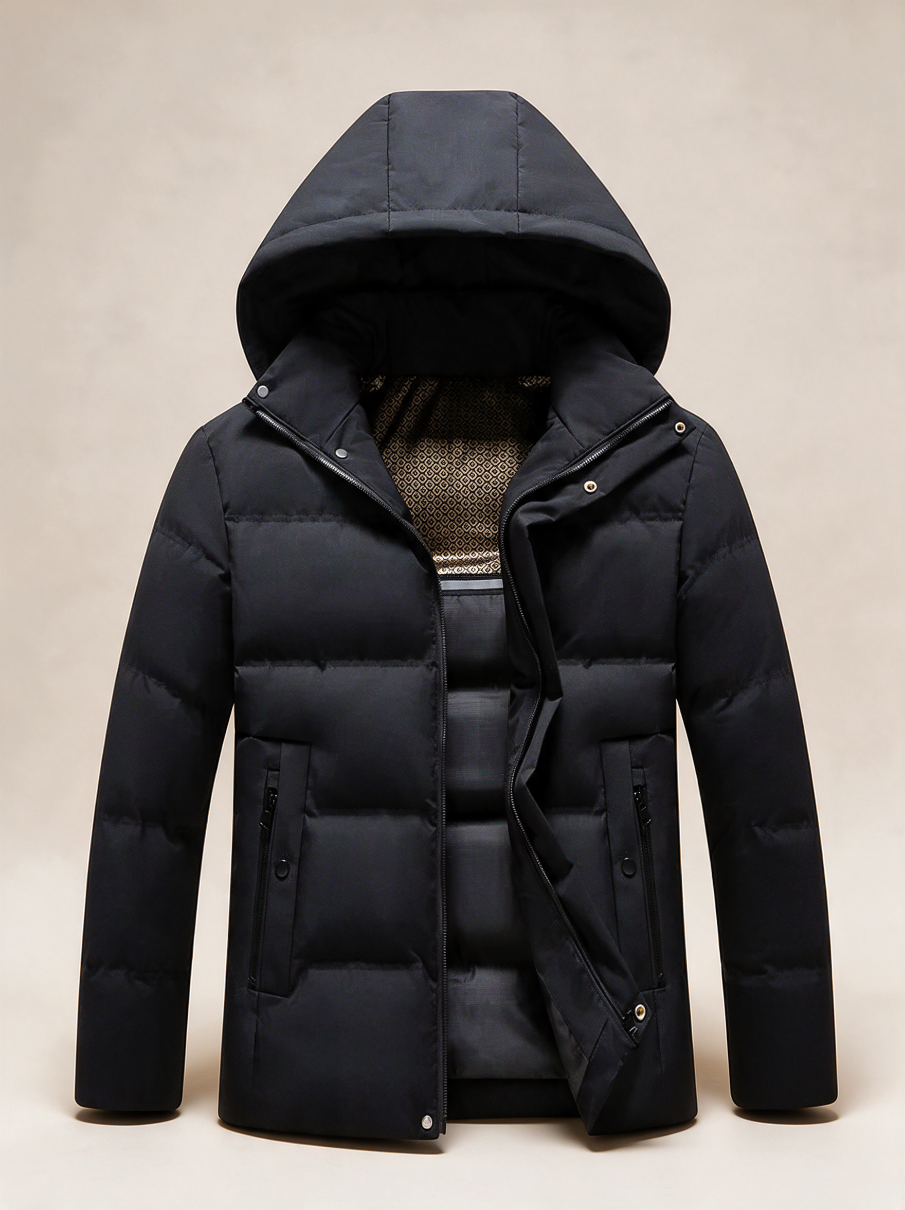 Elegante wasserfeste Winterjacke – Produktfoto auf warmem beigem Hintergrund