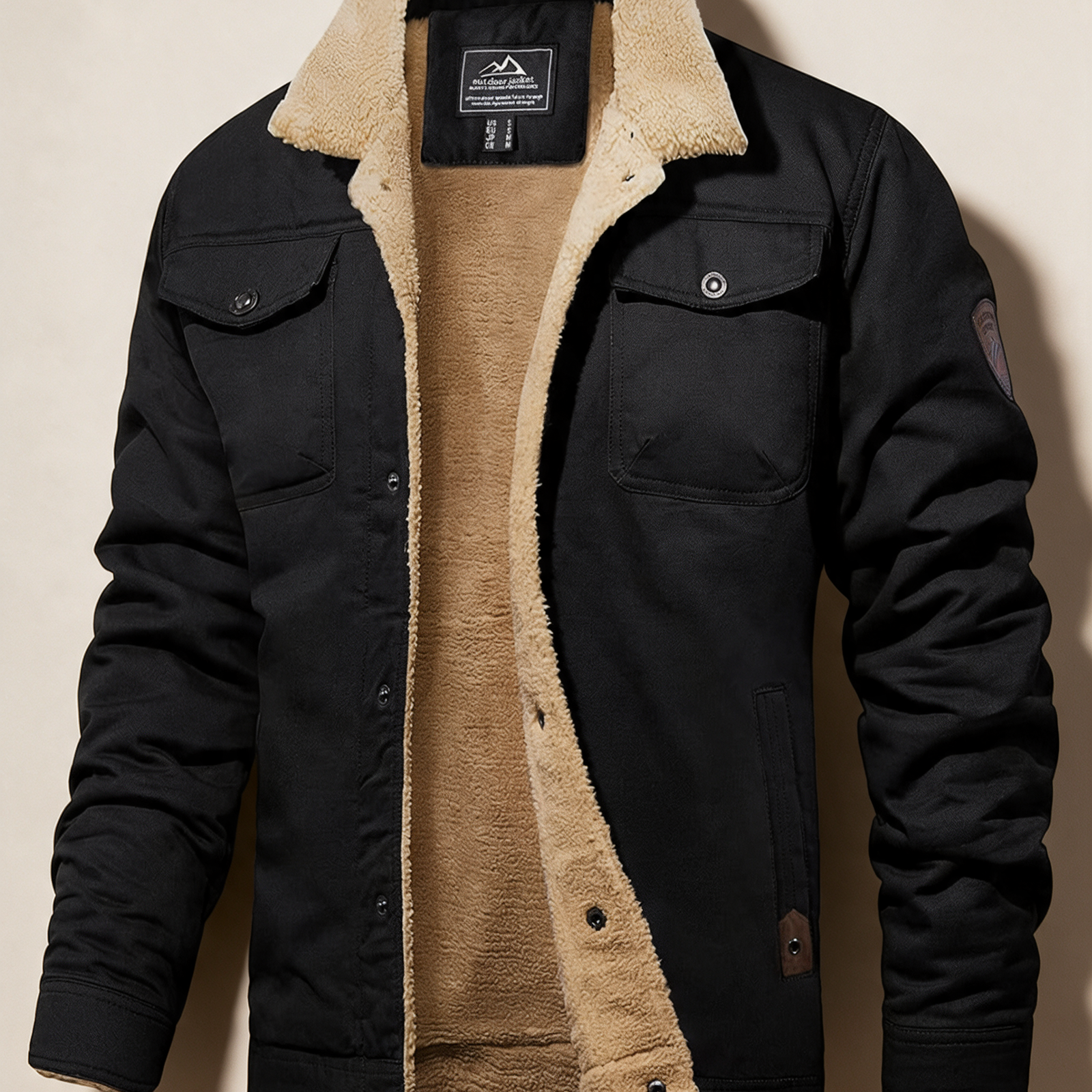 Evander Fleece-Cargojacke – Produktfoto auf warmem beigem Hintergrund