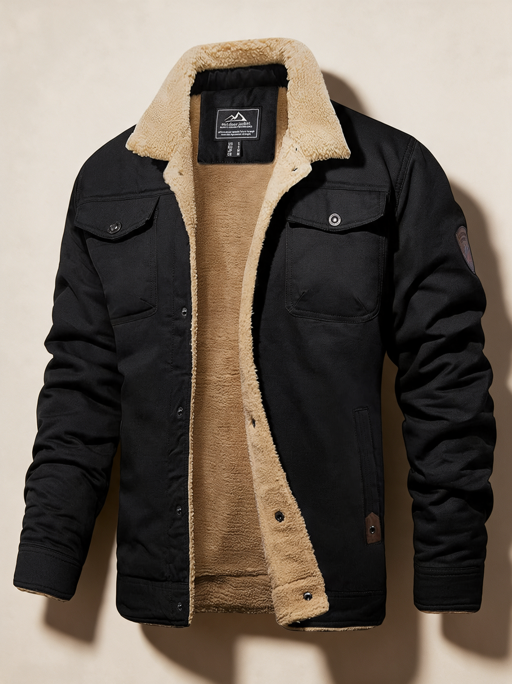 Evander Fleece-Cargojacke – Produktfoto auf warmem beigem Hintergrund