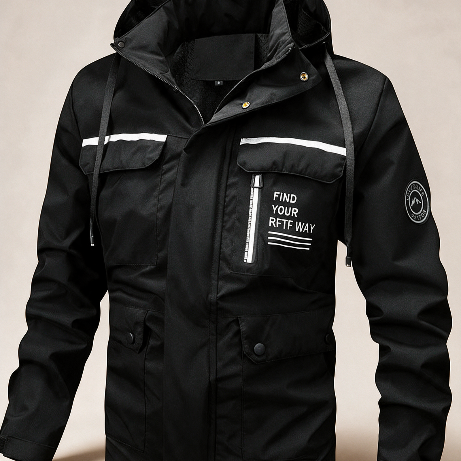 Herren Regenjacke – Produktfoto auf warmem beigem Hintergrund