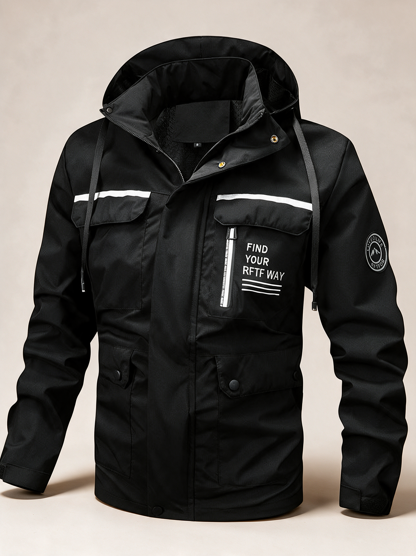 Herren Regenjacke – Produktfoto auf warmem beigem Hintergrund
