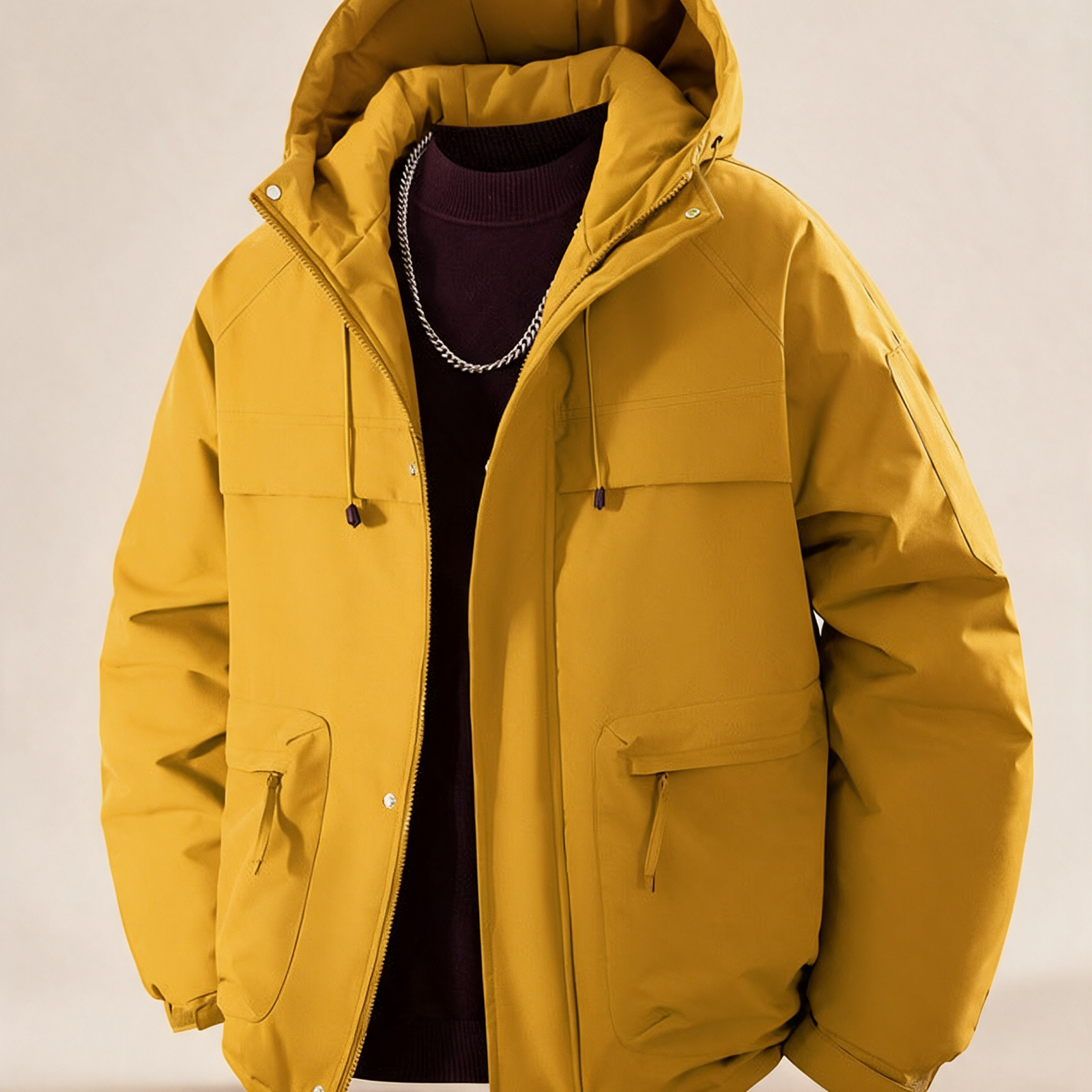Herren Wattierter Kapuzenparka – Produktfoto auf warmem beigem Hintergrund