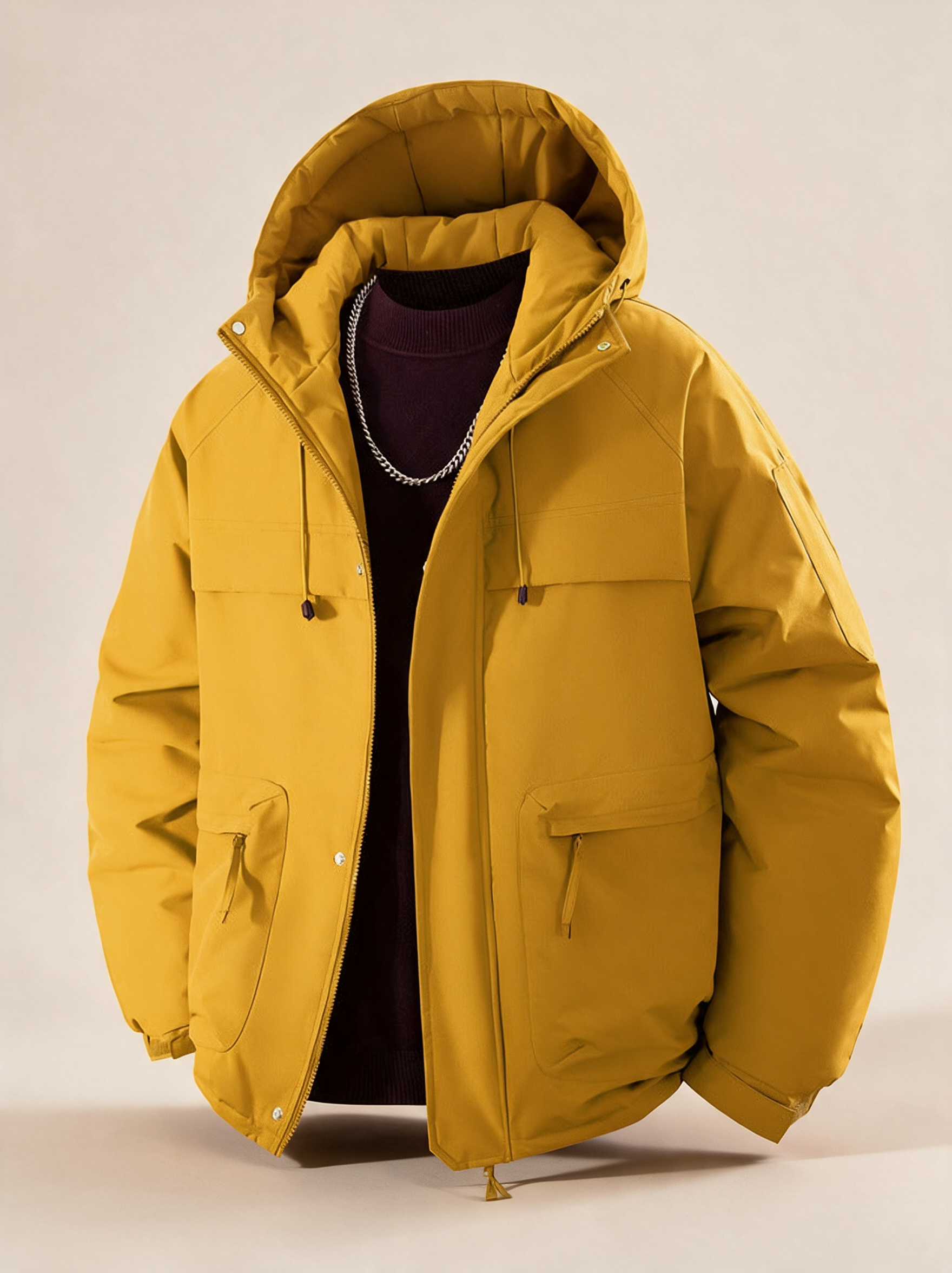 Herren Wattierter Kapuzenparka – Produktfoto auf warmem beigem Hintergrund