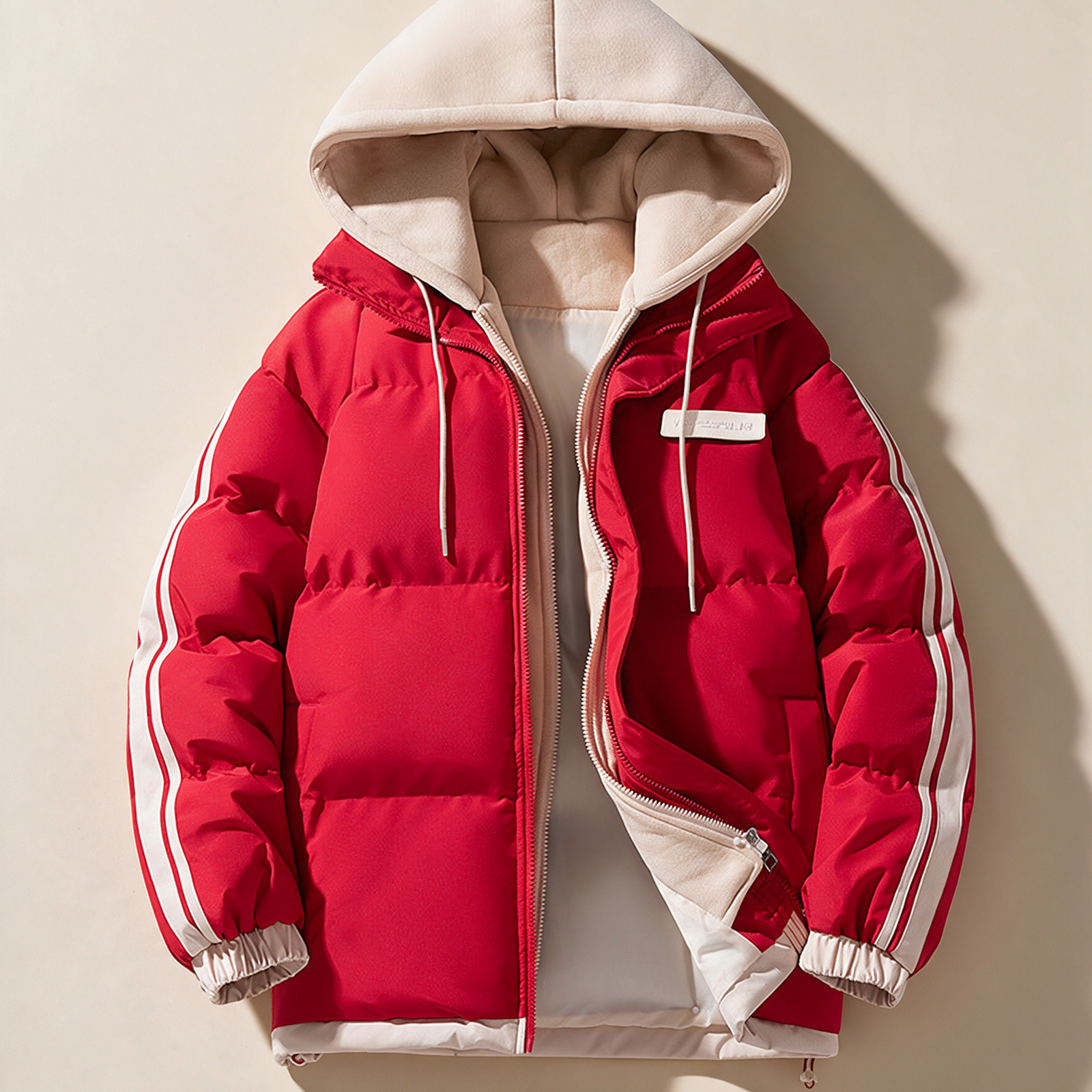 Herren Wattierter Parka Hybrid – Produktfoto auf warmem beigem Hintergrund