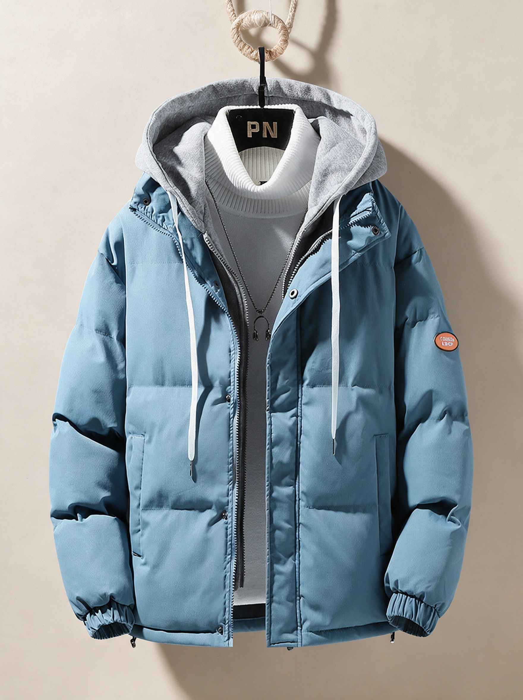 Herren wattierte Steppjacke – Produktfoto auf warmem beigem Hintergrund