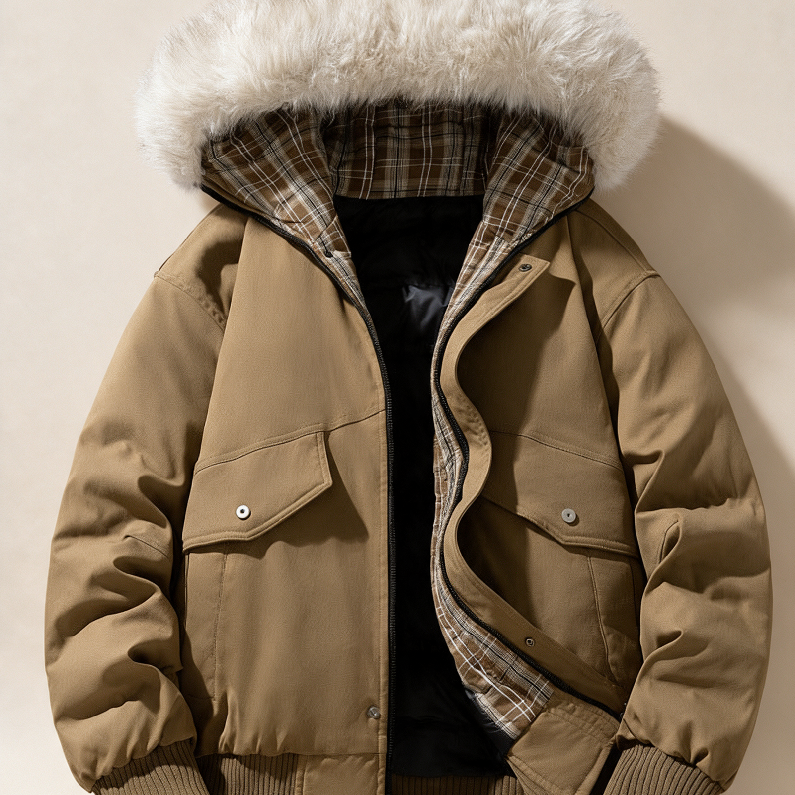 Herren Wattierte Winterjacke – Produktfoto auf warmem beigem Hintergrund