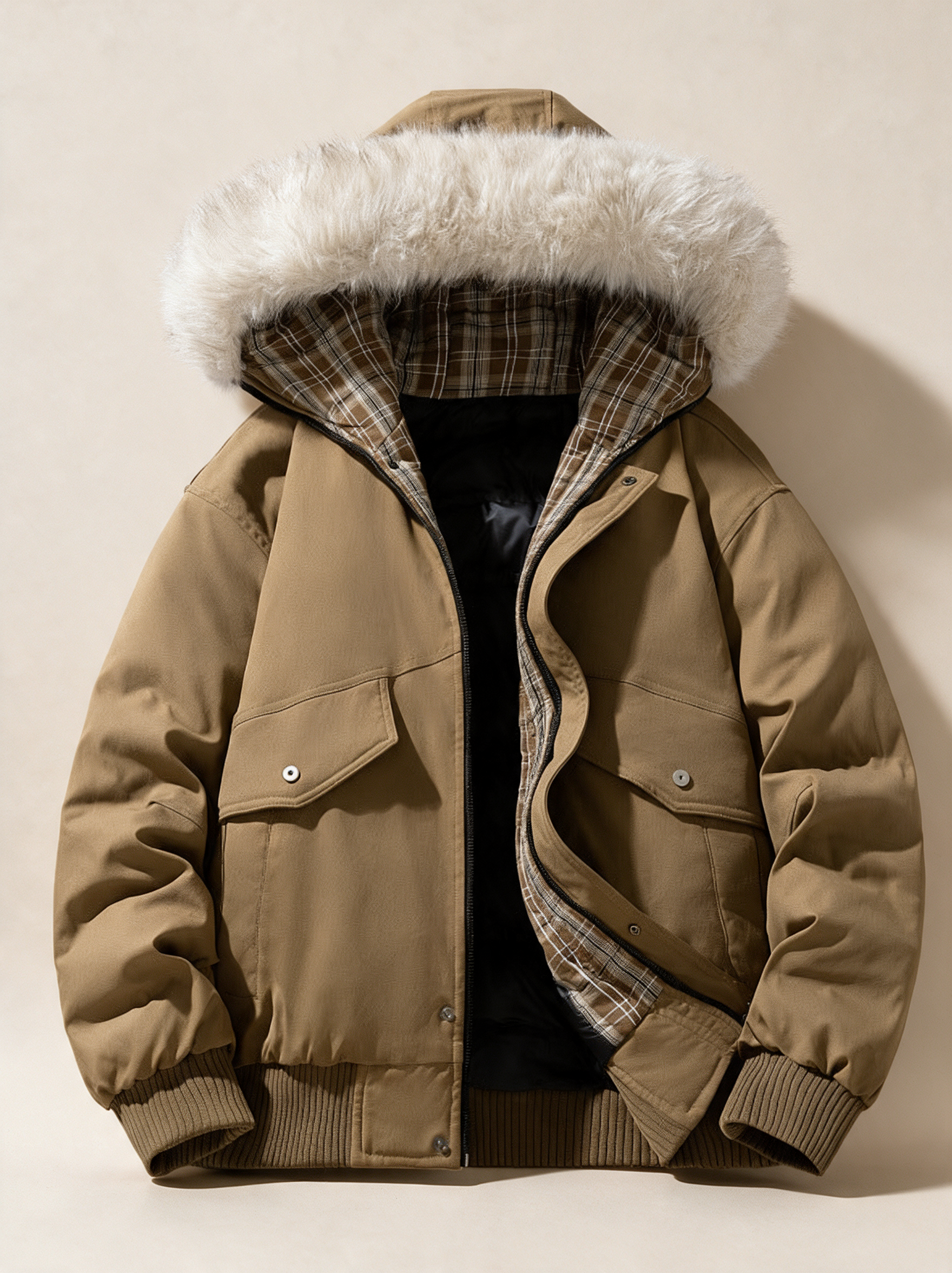 Herren Wattierte Winterjacke – Produktfoto auf warmem beigem Hintergrund