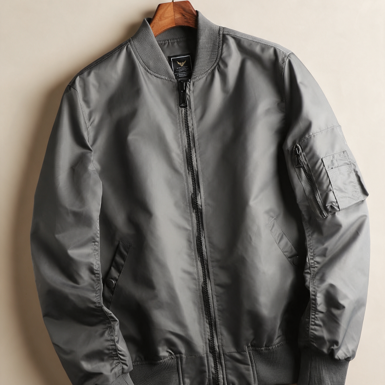 Herren Nylon Bomberjacke MA-1 – Produktfoto auf warmem beigem Hintergrund