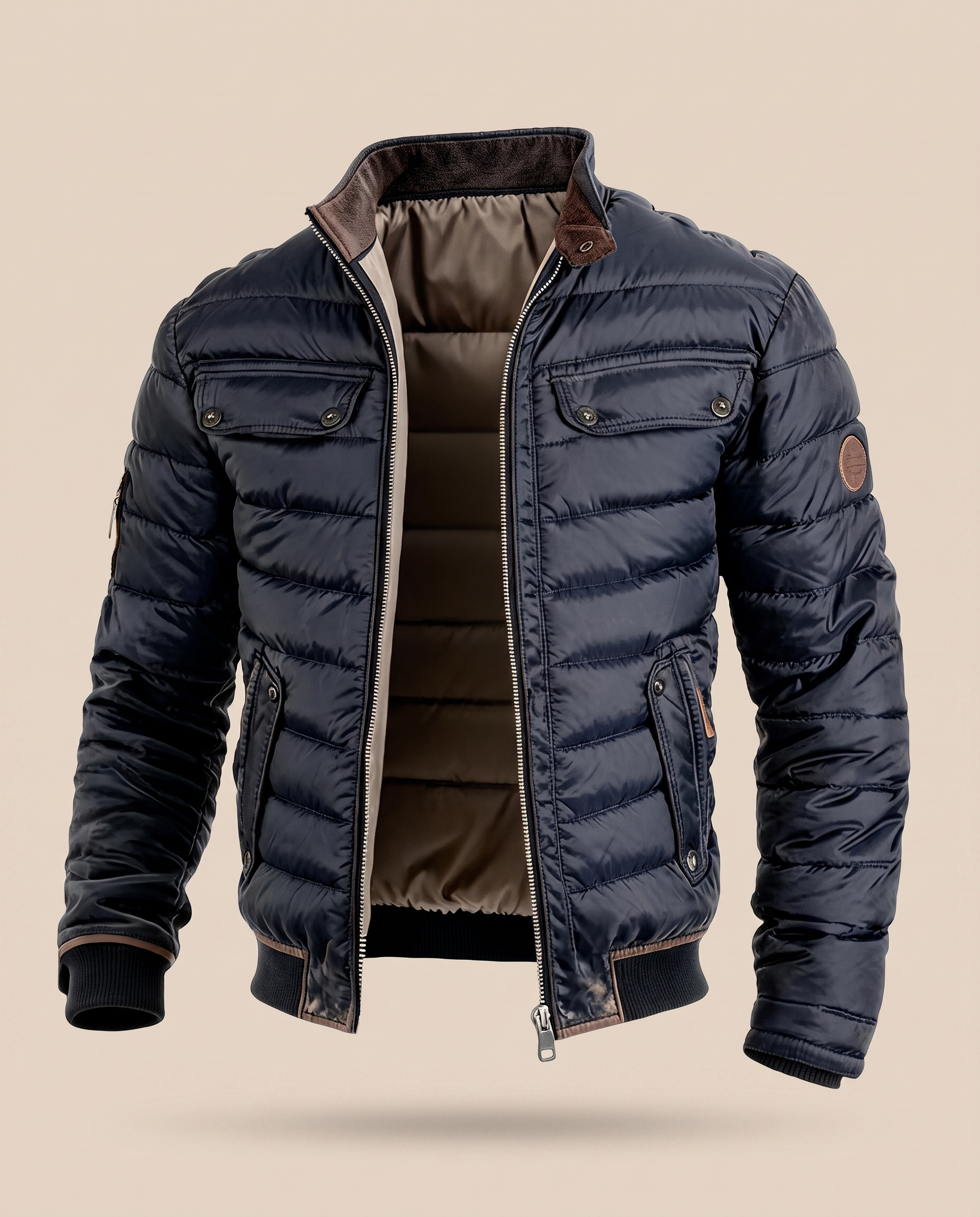 Herrenjacke auf warmbeigem Hintergrund #E8DED2