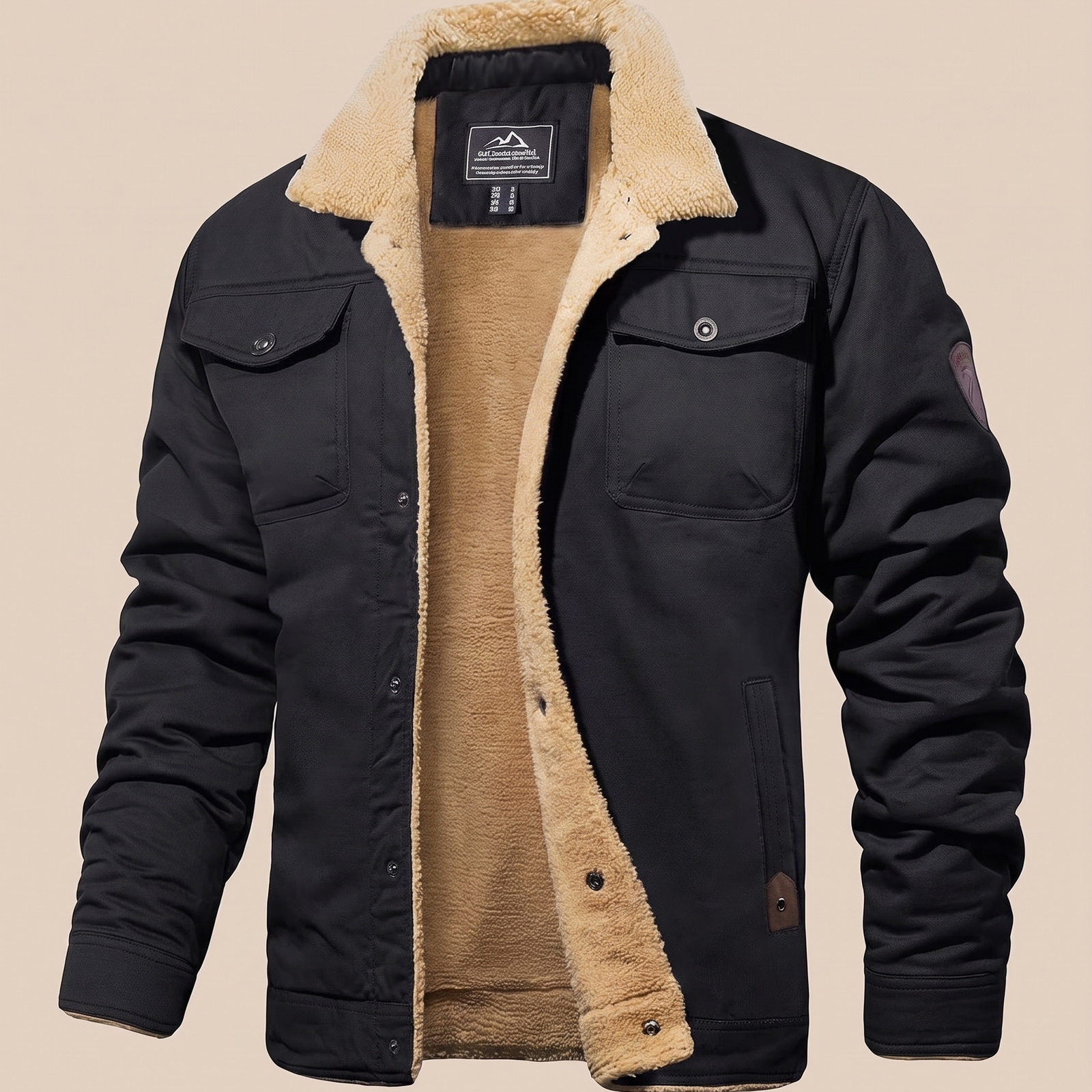 Herrenjacke auf warmbeigem Hintergrund #E8DED2