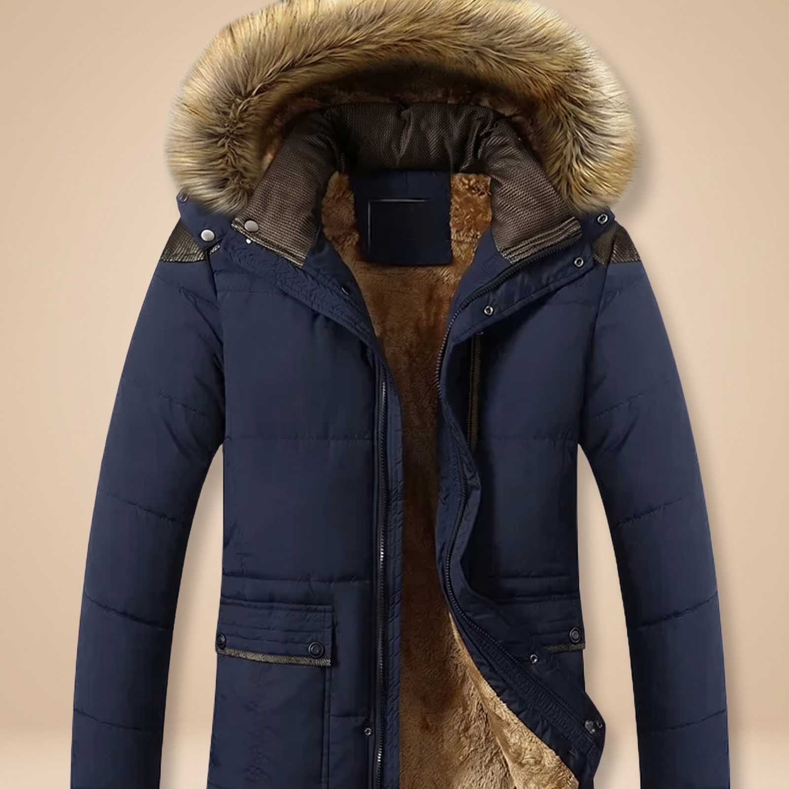 Herrenjacke auf warmbeigem Hintergrund #E8DED2