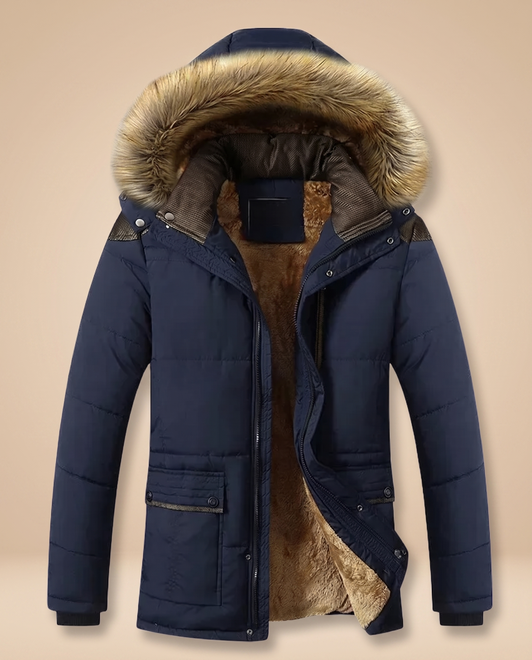Herrenjacke auf warmbeigem Hintergrund #E8DED2