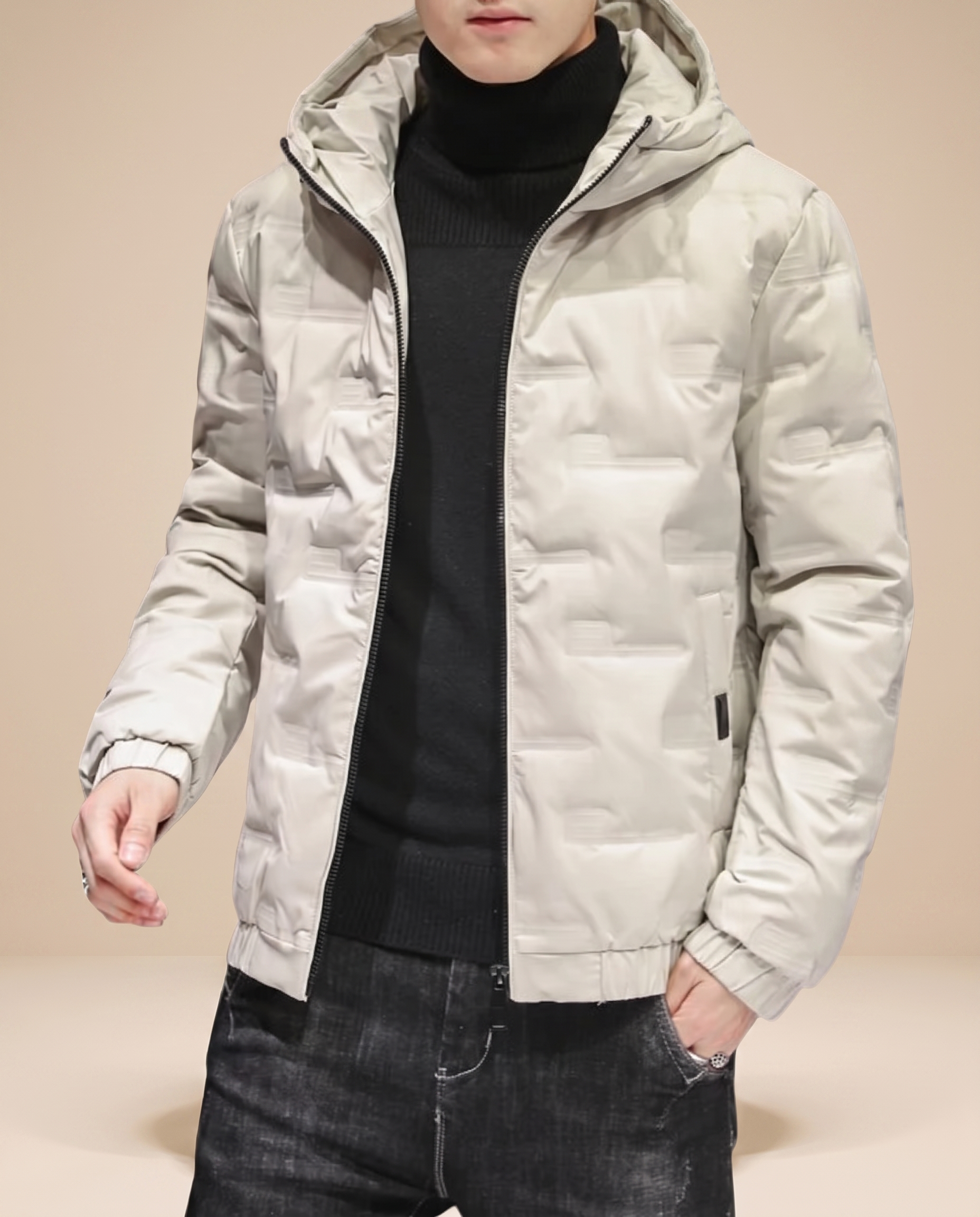Herrenjacke auf warmbeigem Hintergrund #E8DED2