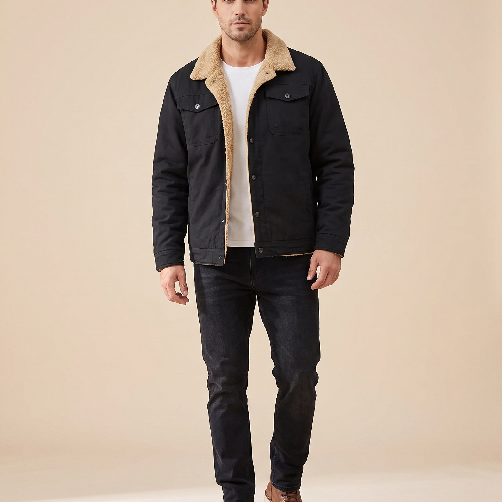 Emma Wien Herrenjacke 15 – Modell auf warmbeigem Studiohintergrund