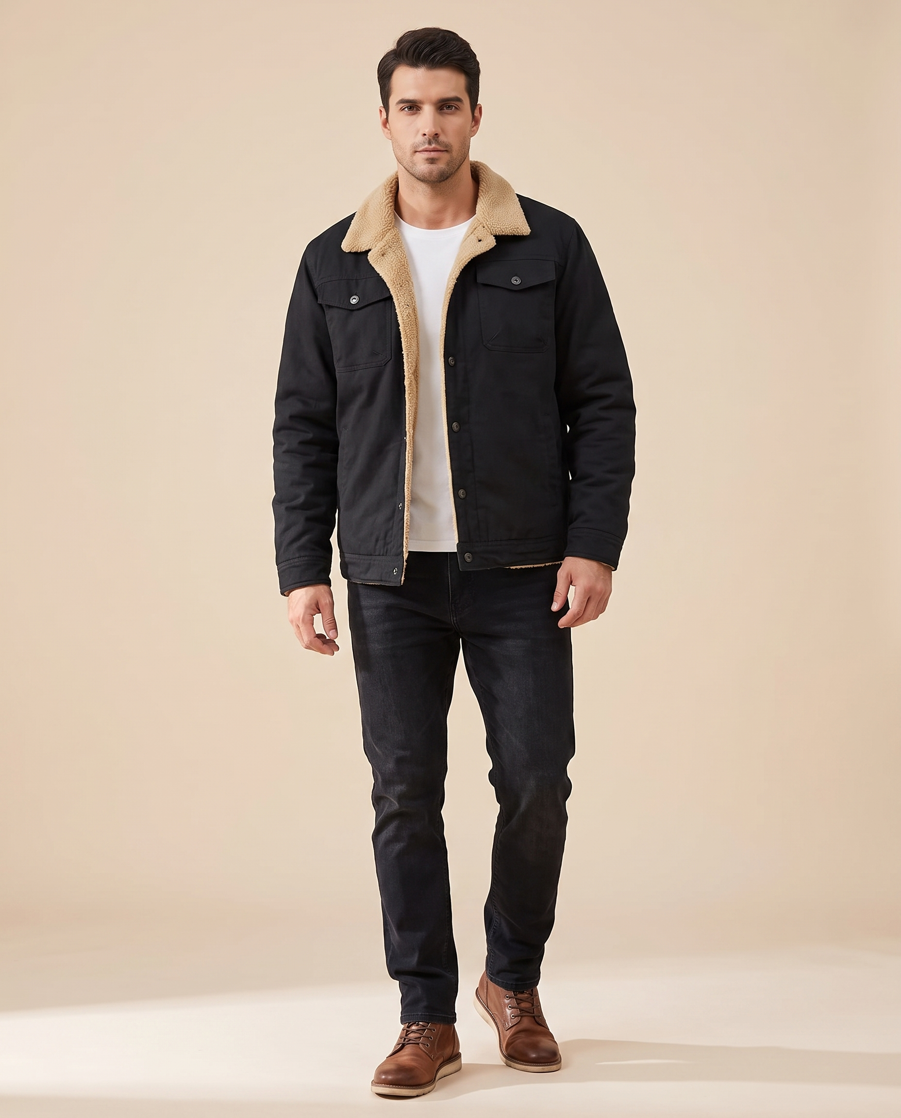 Emma Wien Herrenjacke 15 – Modell auf warmbeigem Studiohintergrund