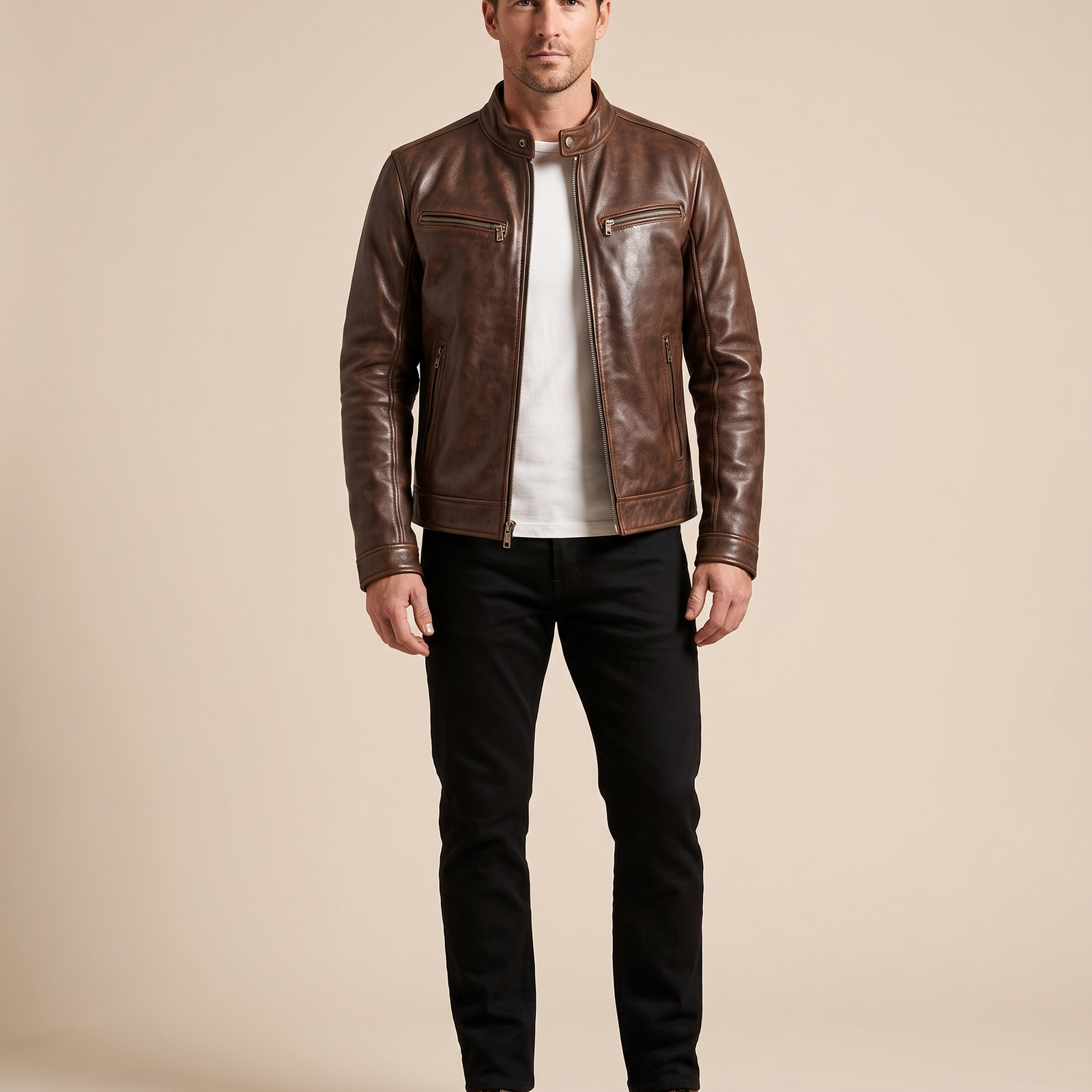 Emma Wien Herrenjacke 19 – Modell auf warmbeigem Studiohintergrund